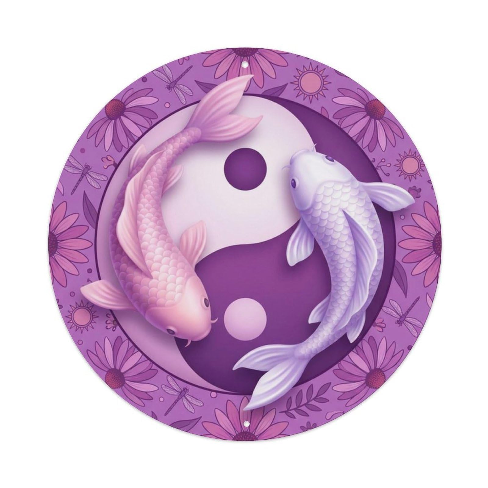 Tgrcjimh Style Metal Tin Sign Tai Chi Koi Fish Echinacea Purple Pink Flower