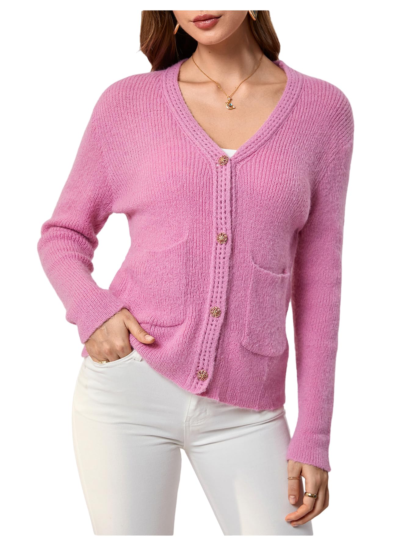 GORGLITTER Womens Button Up Cardigan Sweaters Fall Trendy Long Sleeve Knit V Neck Sweater Jacket