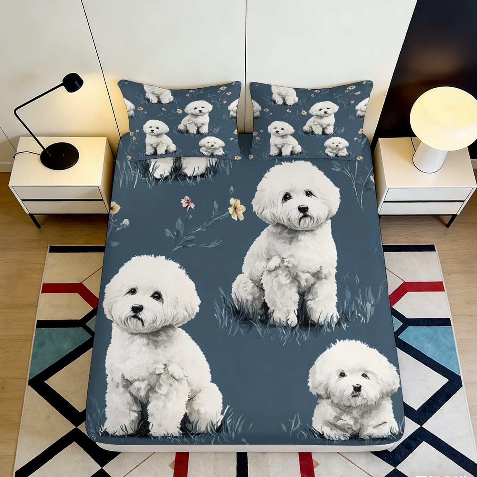 3D Printed White Bichon Dog Fitted Sheet Microfiber Soft Blue Bed Cover for Bedroom Guest Room Mattress Decor 90x200x25cm