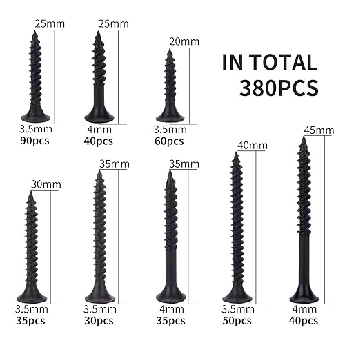 Miniatura 2 de Juego de 380 tornillos para paneles de yeso, tornillos de madera de 8 tamaños, tornillos de acero negro para paneles de yeso, cabeza de corneta