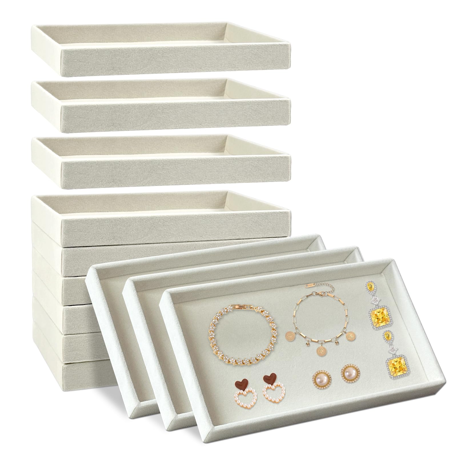 Lot de 12 plateaux à bijoux en velours de qualité supérieure, empilables, de 21,1 x 12,7 x 2,5 cm, inserts organisateurs de tiroirs à bijoux pour femmes et filles, plateaux de rangement et