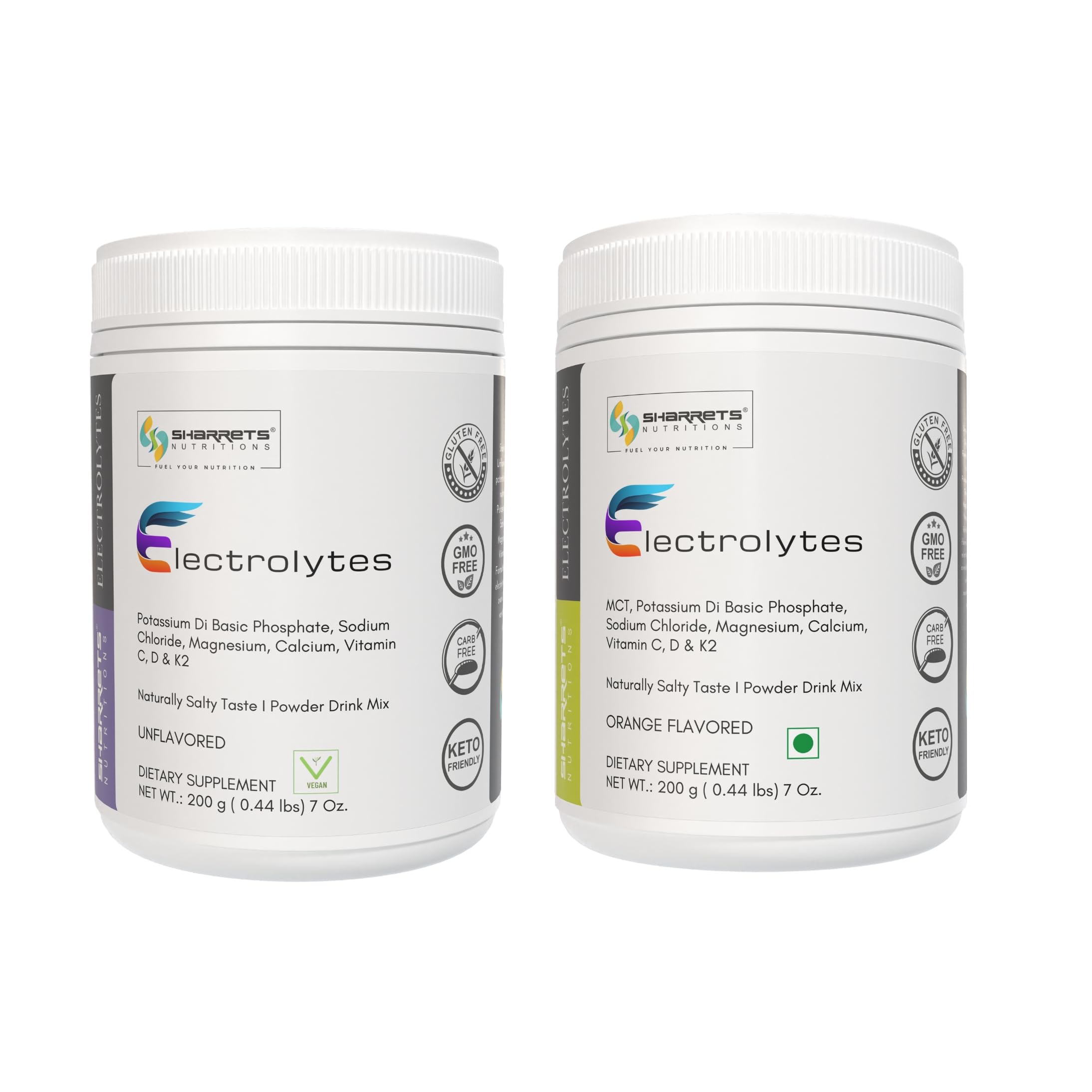 Sharrets Electrolytes Powder - MCTs with Potassium, Phosphorus, Sodium, Chloride, Magnesium, Calcium, Vitamin C, D & K2 (Combo of Unflavor & Orange Flavor) 200g Each-image-8
