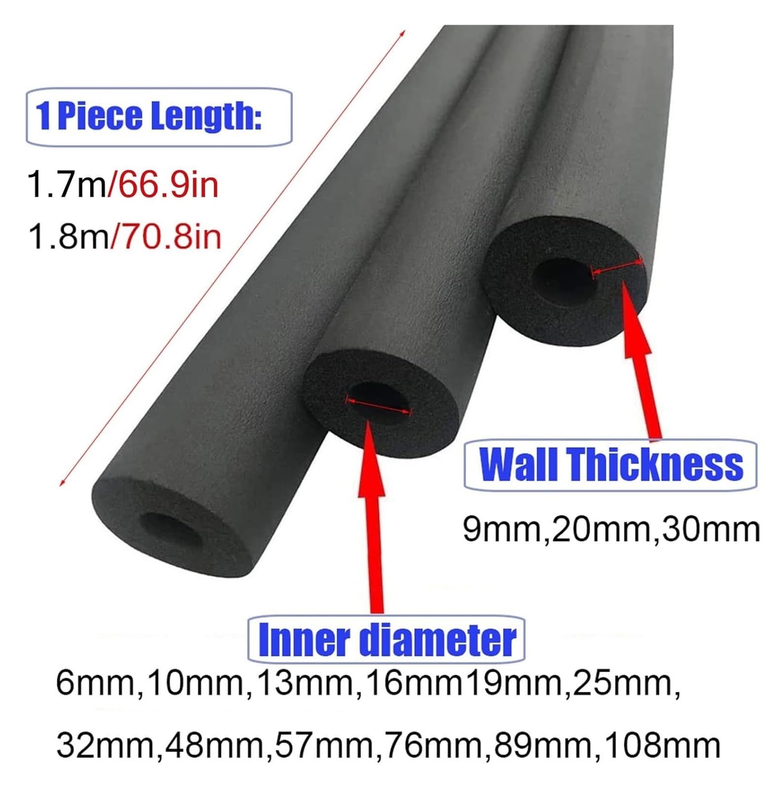 Manguito de tubería agua anticongelante for exteriores caucho alta densidad, for aire acondicionado, color negro(48MMx30MMx1.9M)