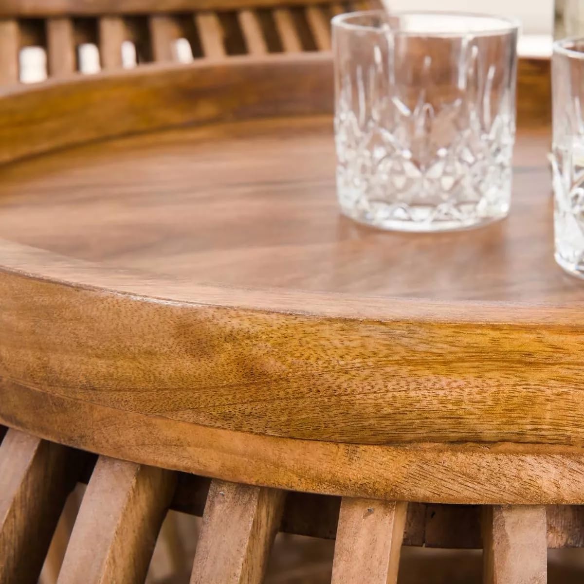 Couchtisch Laos rund 2er Set | Durchmesser 60 und 80 cm, Zweitisch Set, Mangoholz massiv, braun, runde Tischplatte, Holzstreben, erhöhter Rand