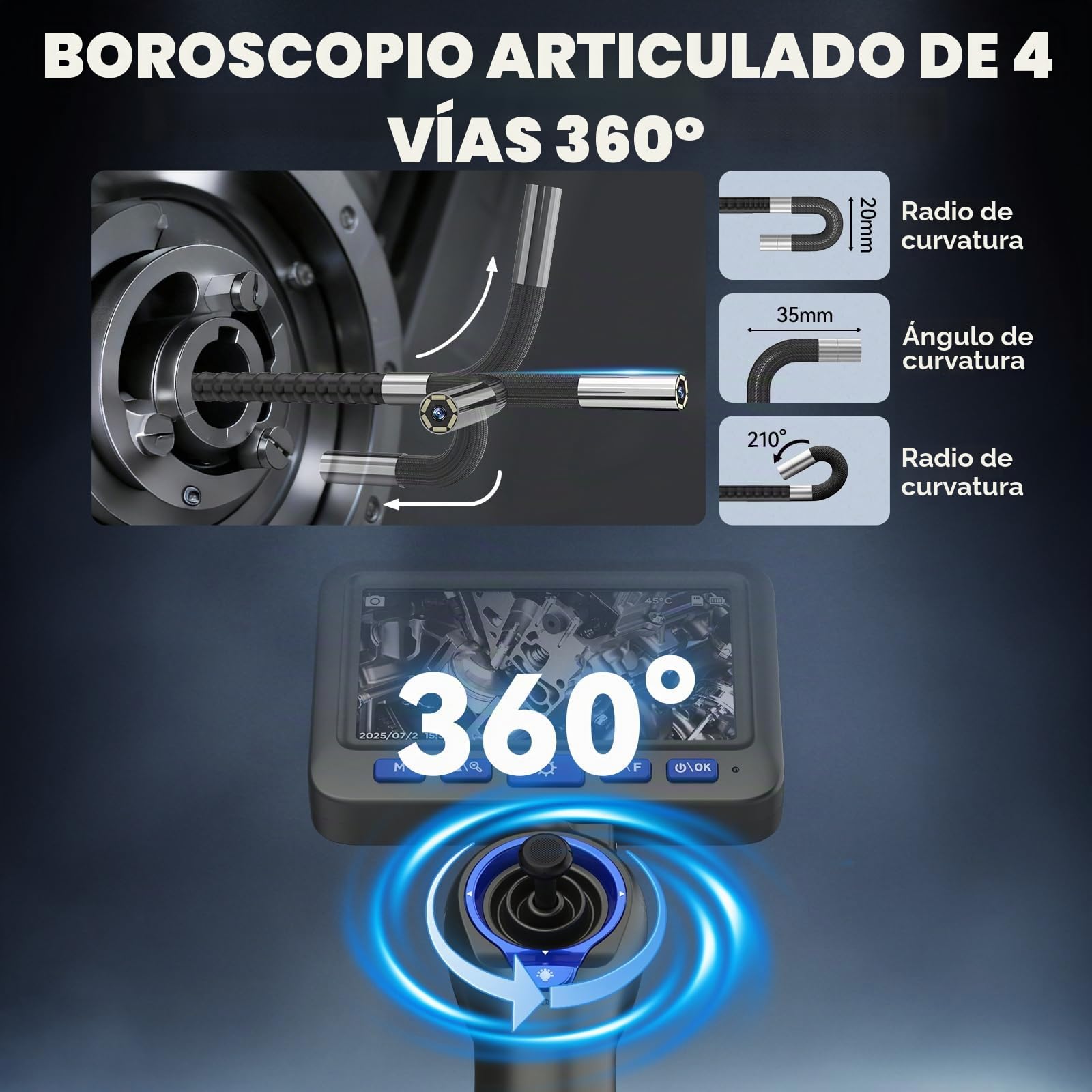 2-IN-1 Endoscopio, 𝟏𝟎𝟖𝟎𝐏 𝐈𝐏𝟔𝟕 𝟔 𝐋𝐄𝐃 Cámara de Inspección Borescopio 360° 4 Vías, 6,2 mm Sonda Delgada, 5 Pulgadas HD – Reparación de Coches, Mantenimiento HVAC
