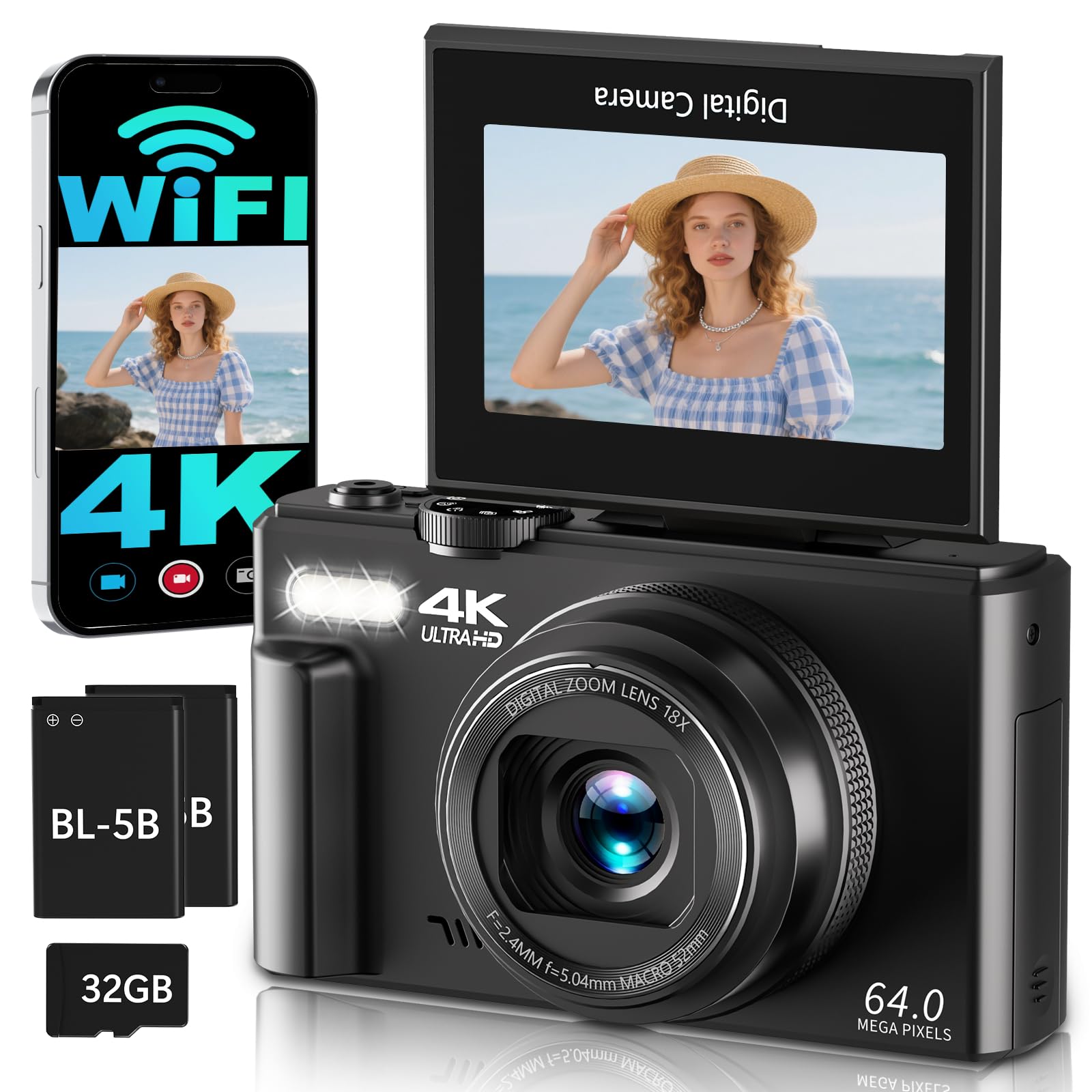 4K 64MP Digitalkamera mit WLAN, 3" 180° Flip Screen Autofokus Kamera Fotokamera Vlogging Fotoapparat mit Selfie, WiFi Kompaktkamera, 16X Digitalzoom,mit 32GB Karte 2 Batterien für Anfänger