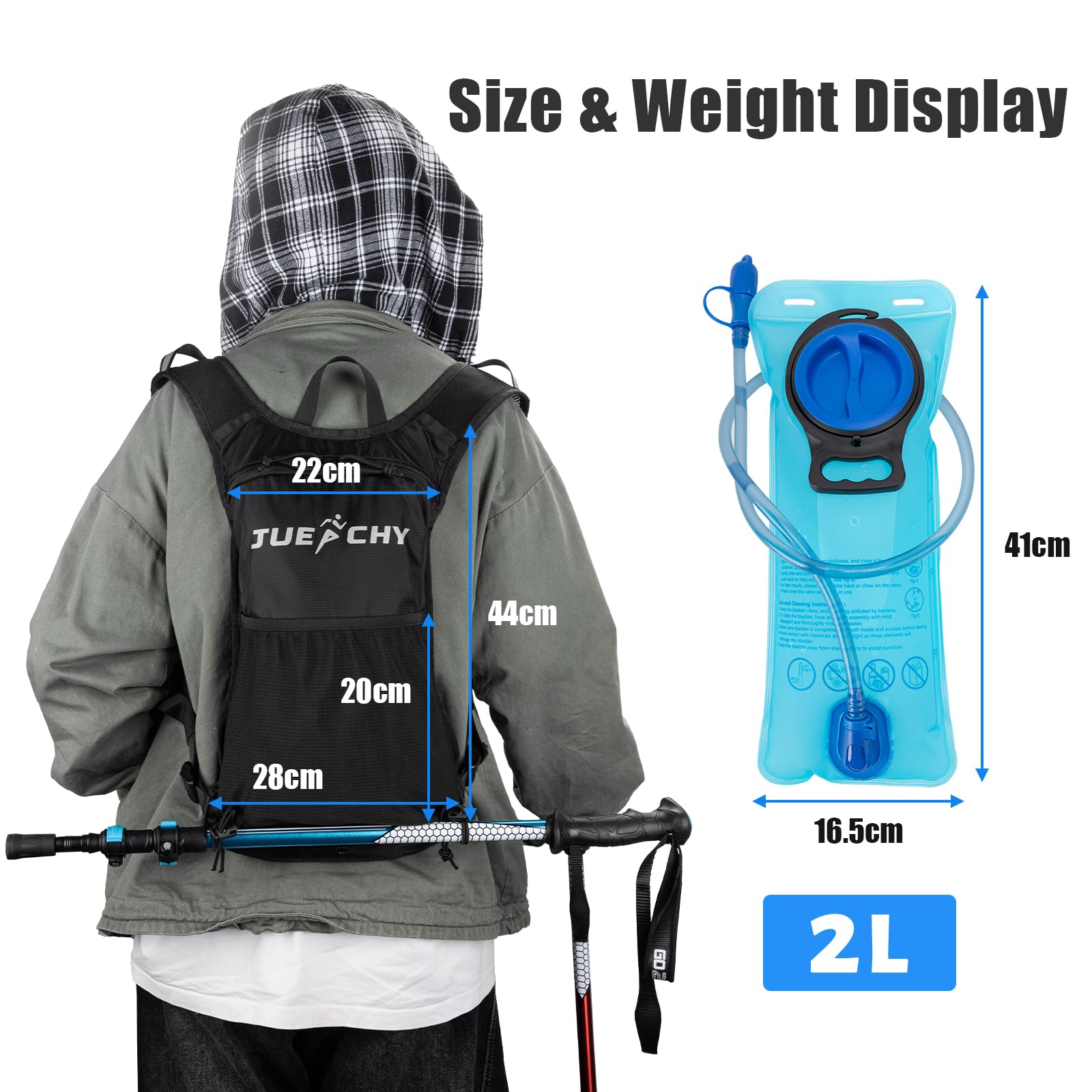 eper Ultralichte drinkrugzak, trail-rugzak, drinkvest, hydratatiepack, fietsrugzak voor hardlopen, kamperen, wandelen (Lichtblauw 1.5L waterzak