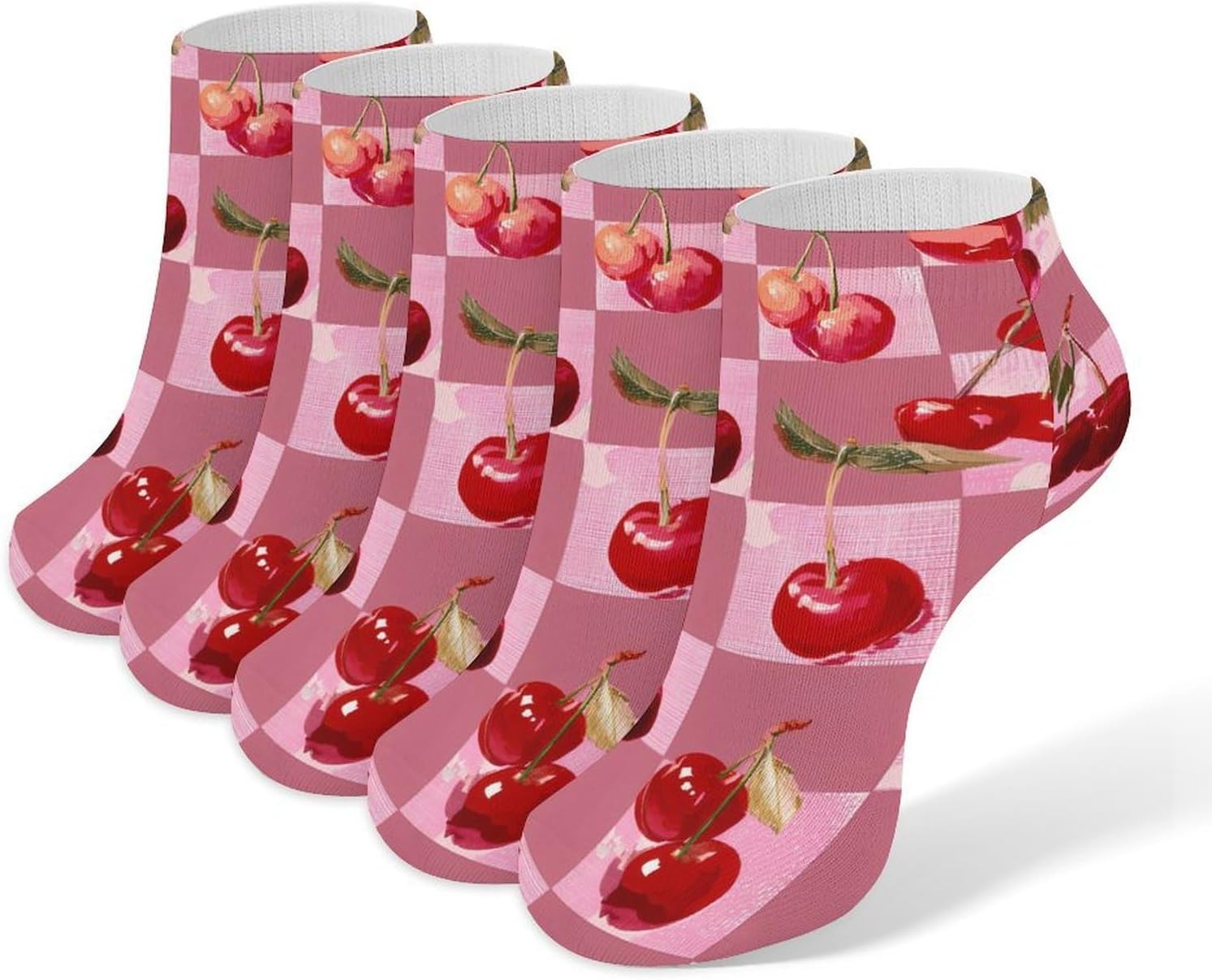 Cherries Checkerboard Plaid No Show Ankle Socks Low Cut Non Slip Flat Boat Line 5 Pairs Set