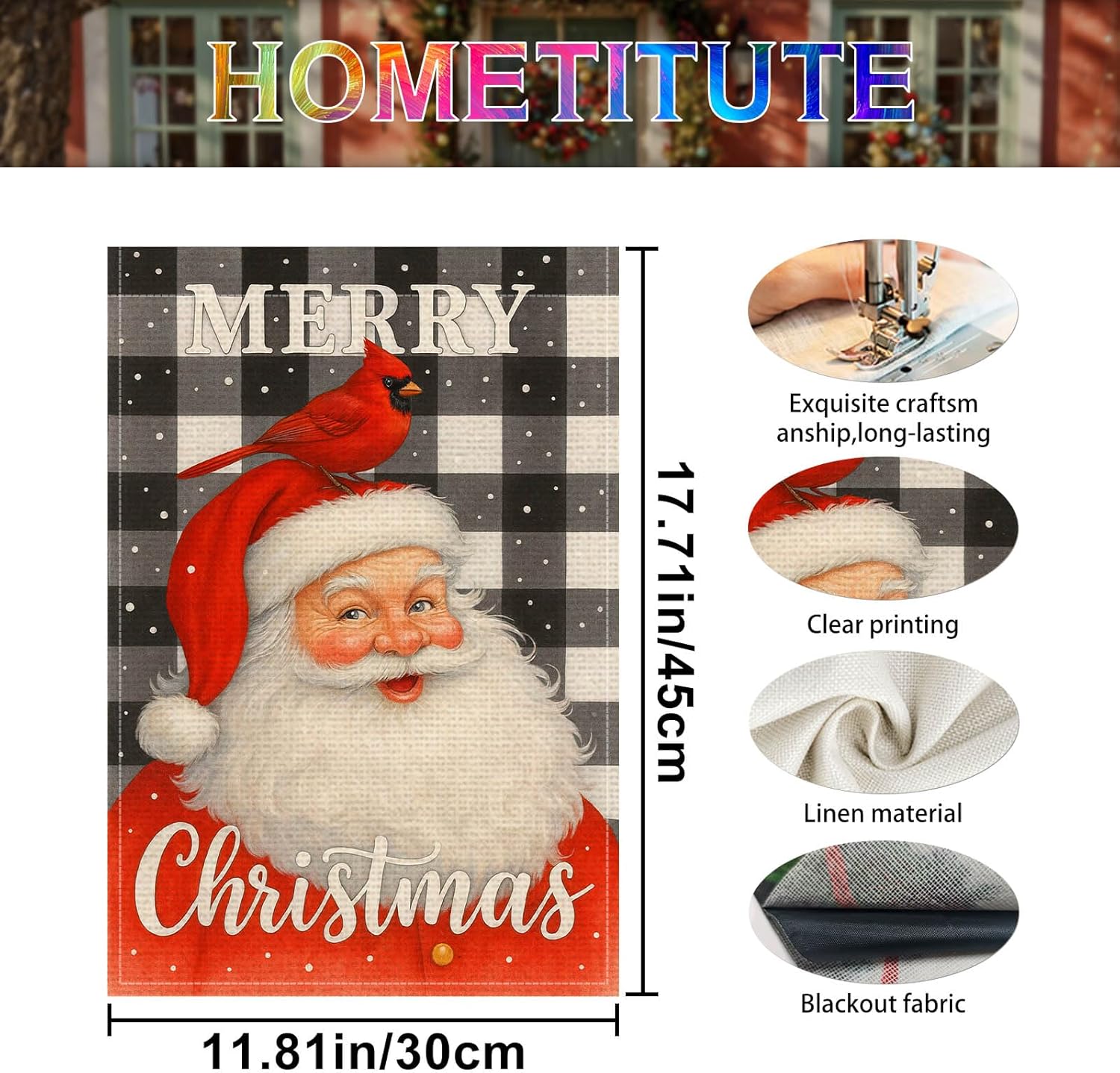 Merry Christmas Santa with Cardinal Garden Flag Double Sided 12x18 Inch Burlap Holiday Garden Flag Black Plaid Seasonal Banner for Indoor and Outdoor Decoration Yard Lawn Decor - Image 4
