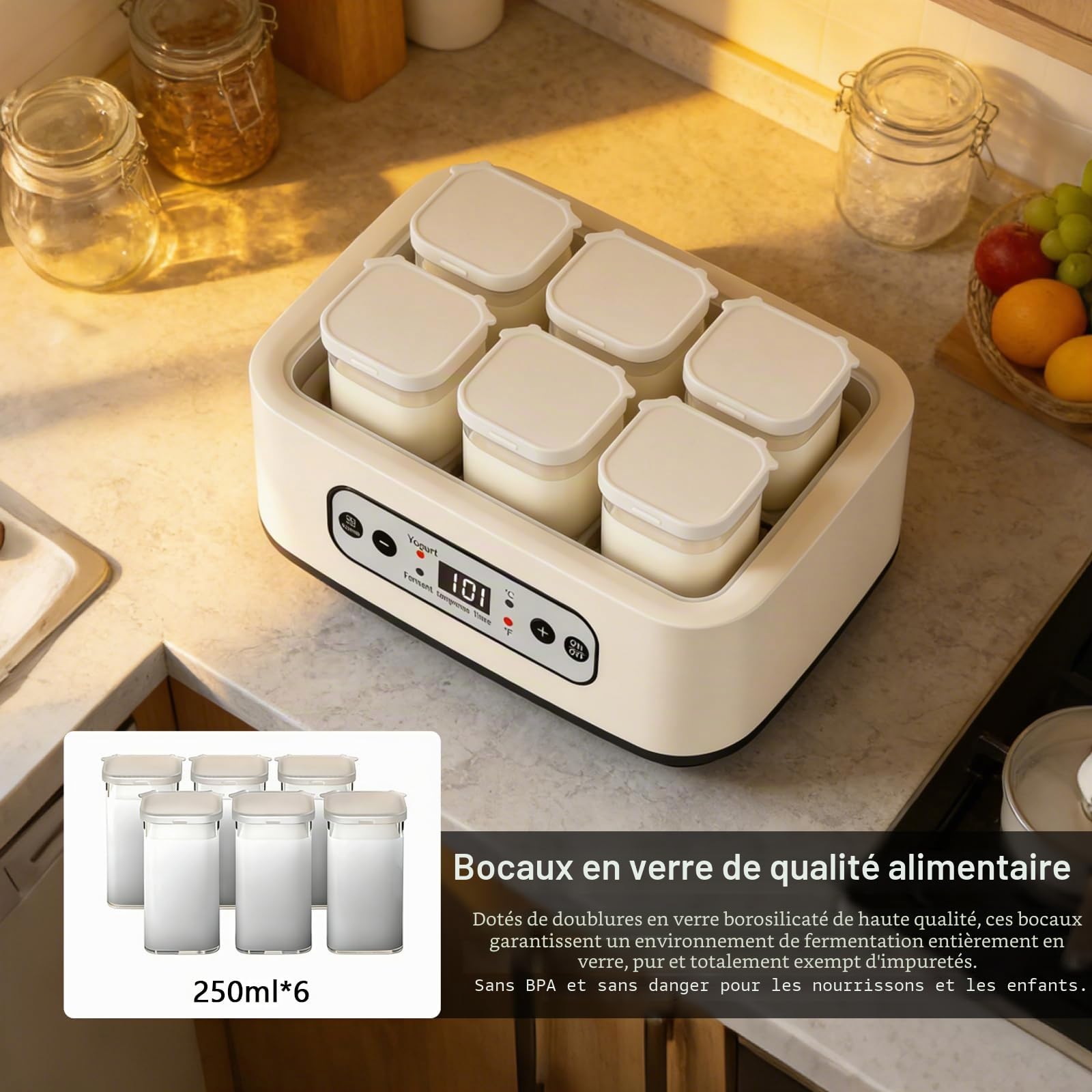 Yaourtière, Yaourtiere 1,6 L avec 6 Pots de 250 ml Yaourtière Électrique avec Minuterie Réglable de 1 à 99 Heures Contrôle de la Température de 21 à 48 °C et Écran LCD pour Yaourt Natto et Vin de Riz