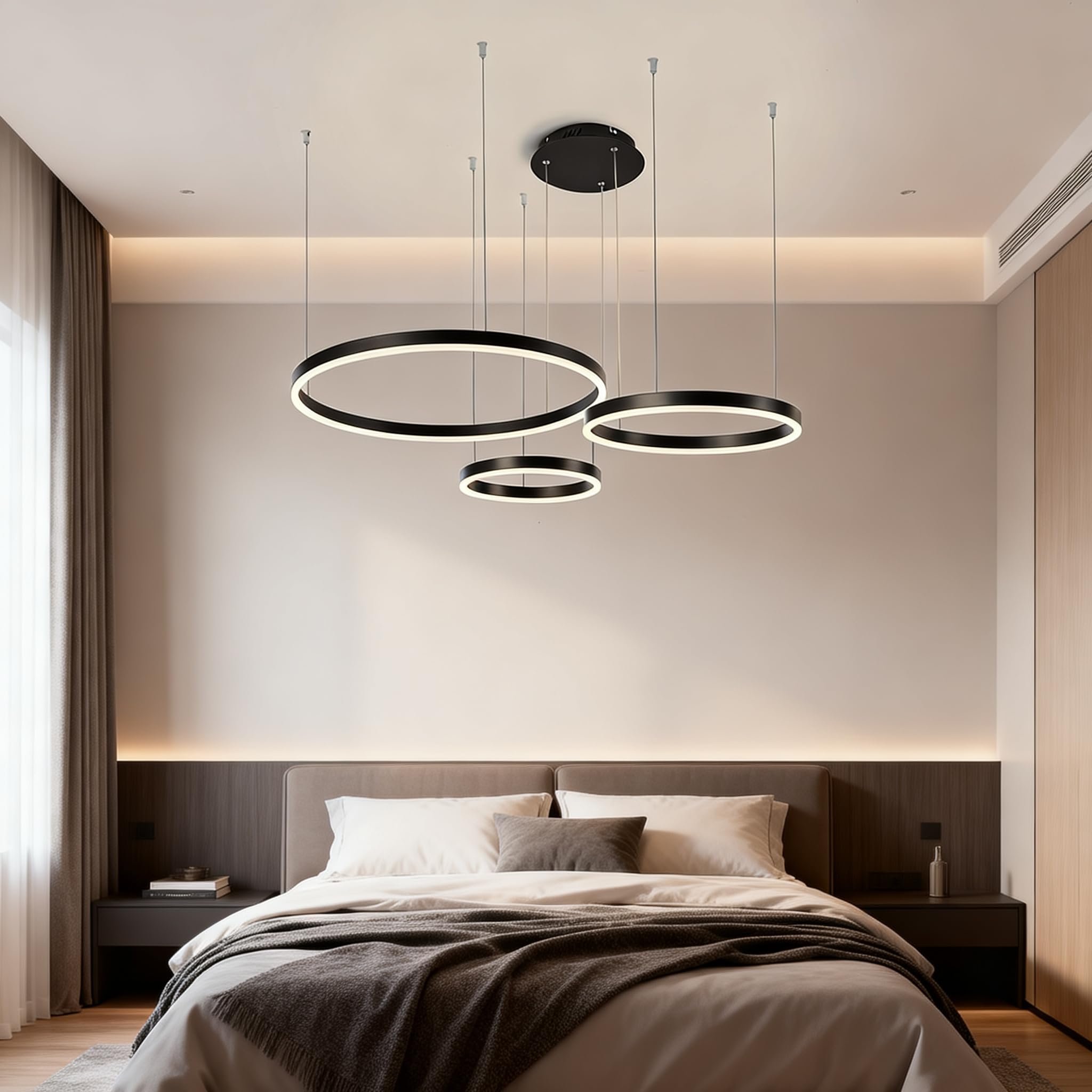 Moderne LED Pendelleuchte, 3 Ringe verstellbare Licht Pendelleuchte, moderner Deckenleuchter, dimmbar 2700 K - 6500 K, mit Fernbedienung 78 W
