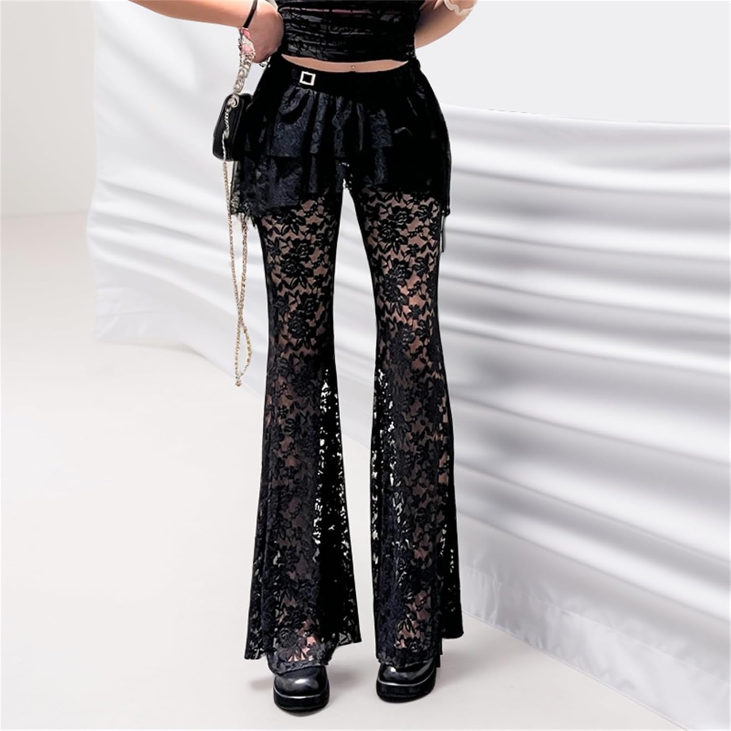 Rave Bell Bottom Pants Woman Goth Flare Sheer Mesh Lace Floral Graphic Lounge Punk Vintage - Image 2