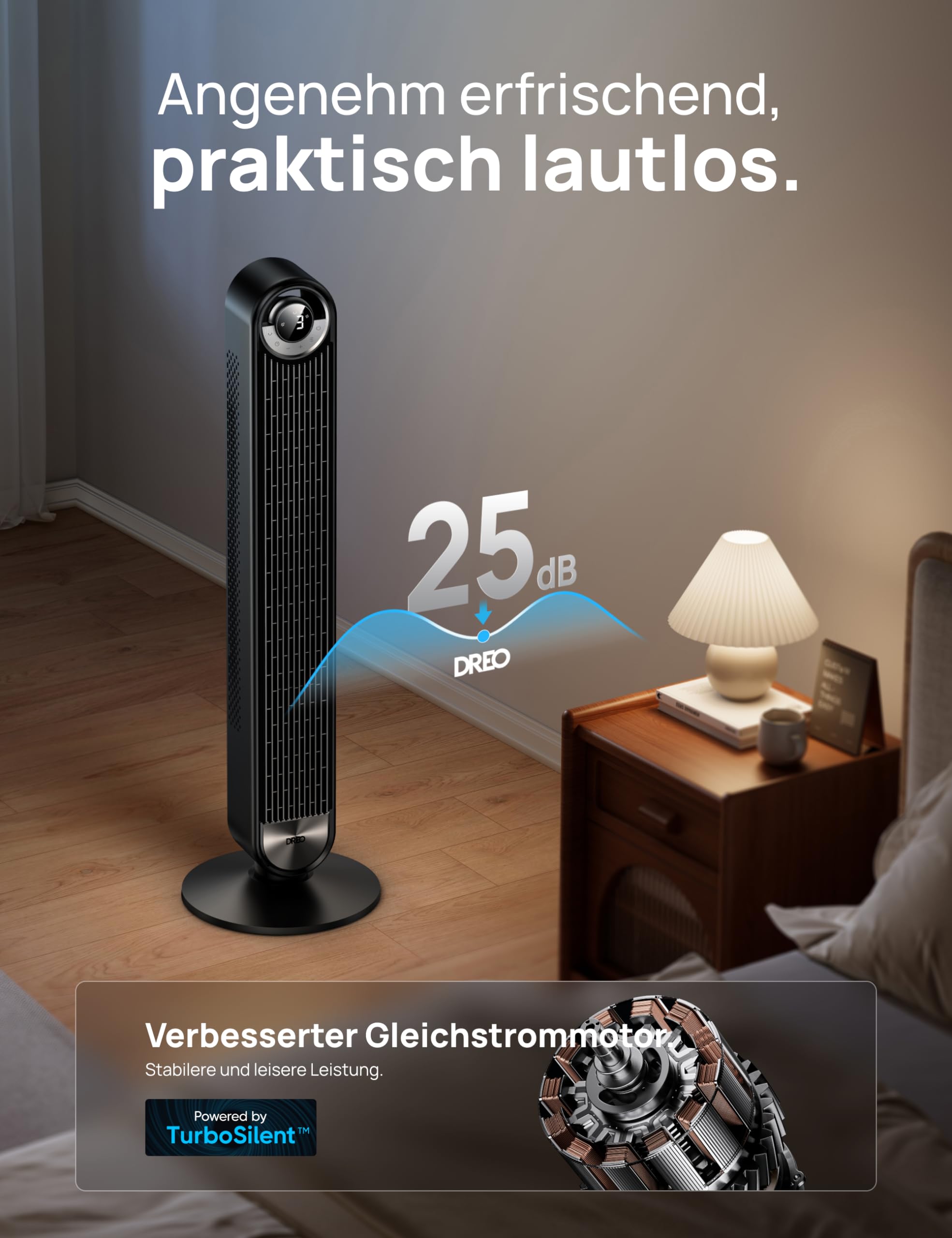 DREO Cruiser Pro T2S Leiser Smart Turmventilator, 106cm, 9-Geschwindigkeit, 12H Timer, 90° Oszillierend, Schwarz