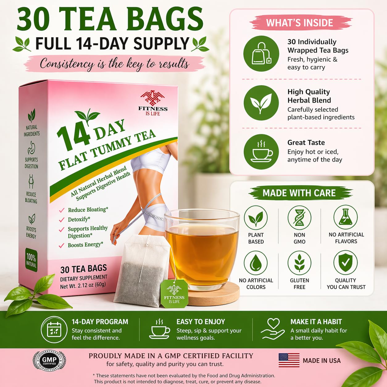 Fitness Is Life 14-Day Flat Tummy Herbal Tea, Green Tea and Botanical Blend, 30 Tea Bags — Amazon image 6