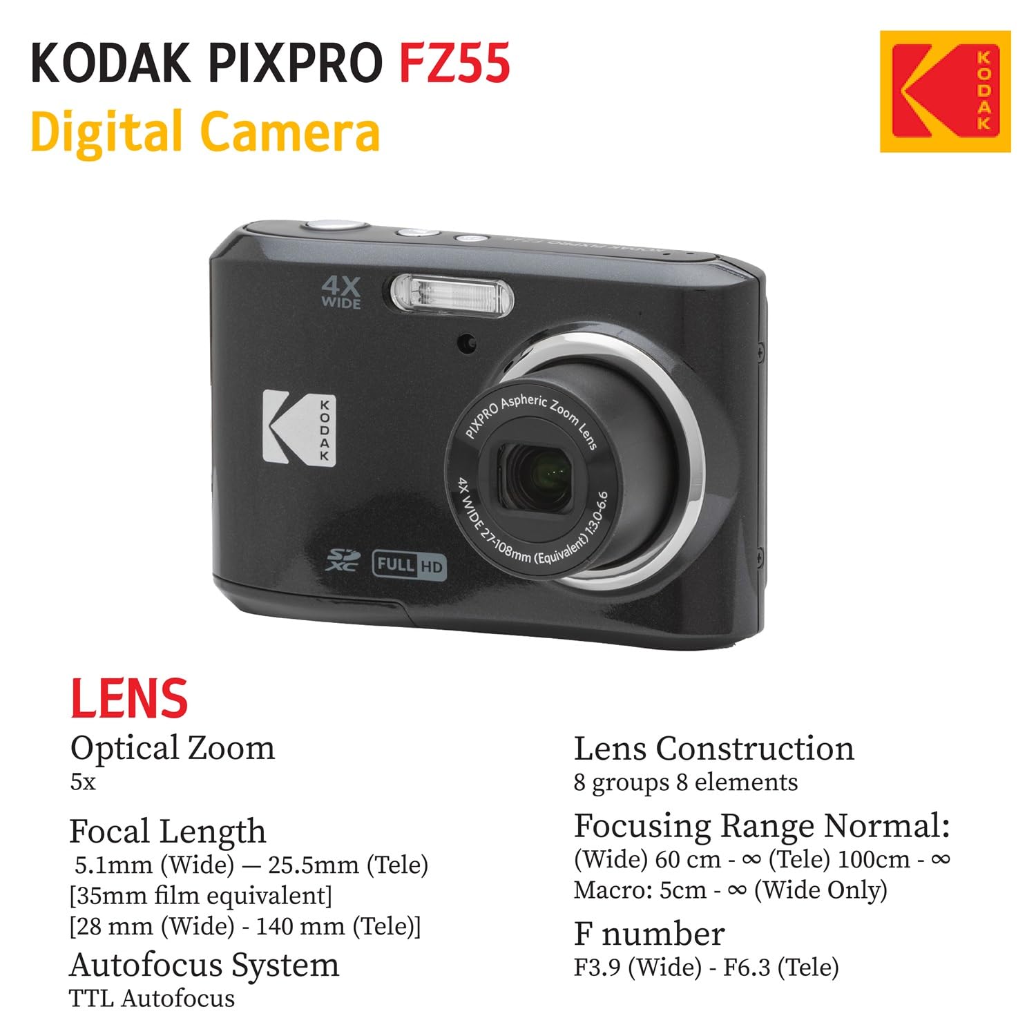 Kodak f:3.5 5cm カメラ Amazon.com : KODAK PIXPRO FZ55 16MP Digital Point & Shoot Camera
