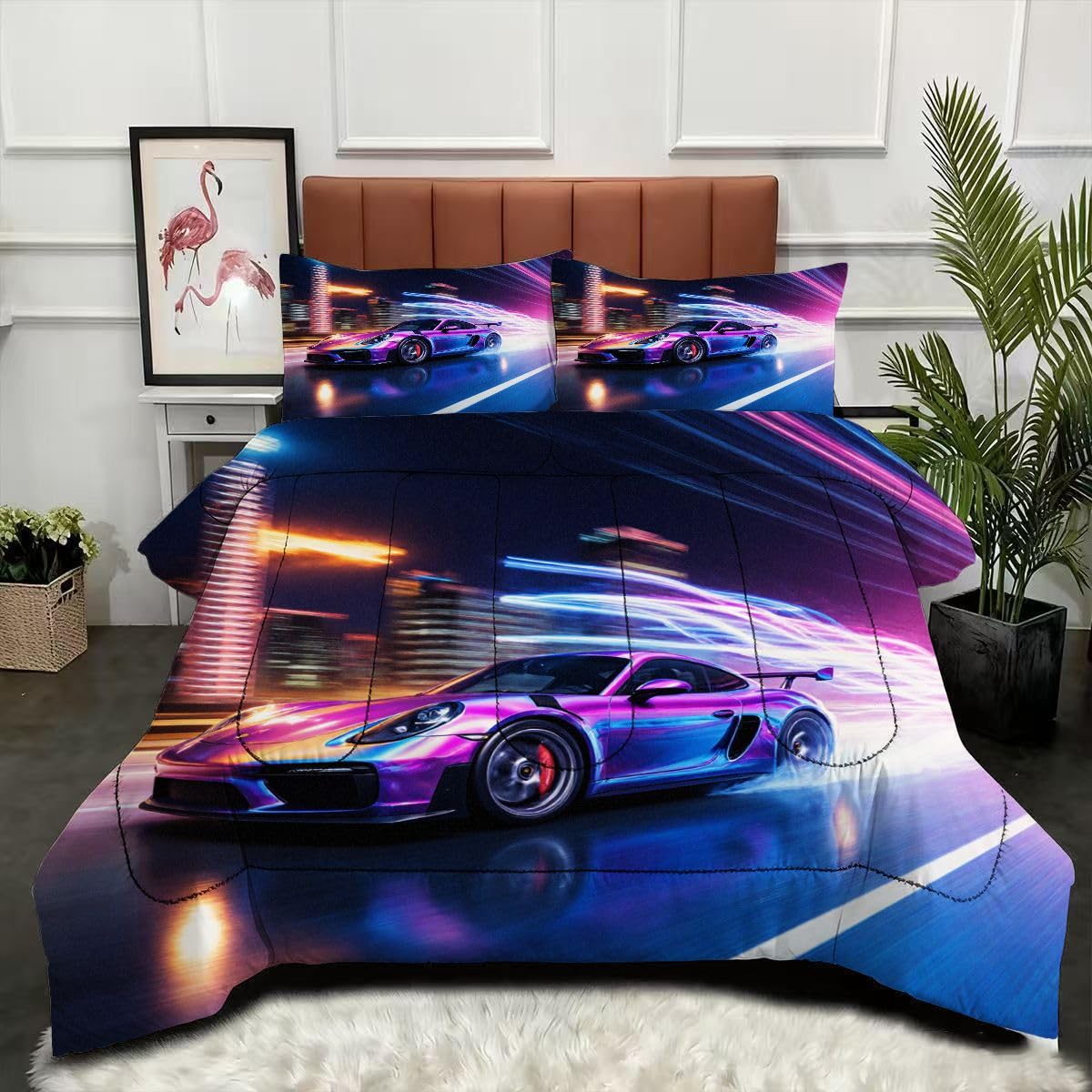 Couette 160x200 cm Voiture de Sport 3D microfibre lavable avec 2 taies d'oreiller B12375