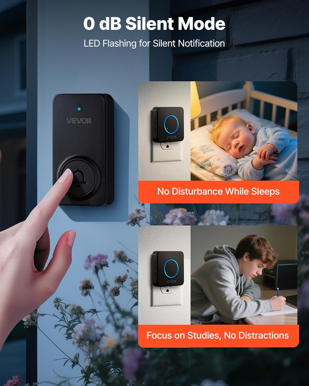 VEVOR Wireless Doorbell Kit, IP54 Waterproof Door Chime Ranges up to 1000 ft, 5 Adjustable Volumes, 48 Ringtones, Easy Installation, Wireless Doorbell Ideal for Home, Doorway, Classroom, Office, Black