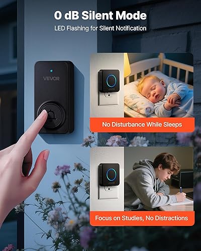 Miniatura 5 de VEVOR Kit de timbre inalámbrico, IP54 resistente al agua con rangos de hasta 1000 pies, 5 volúmenes ajustables, 48 tonos de llamada, fácil