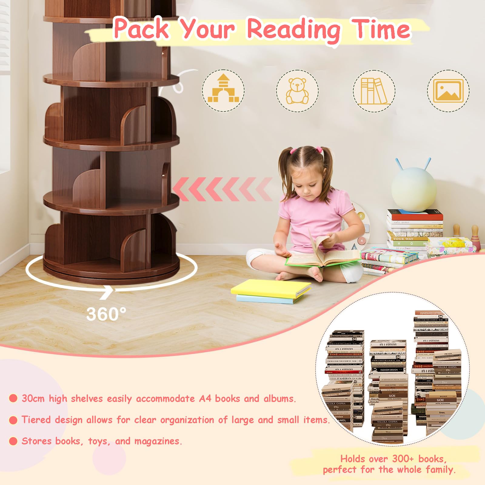 Bücherregal Drehbar, 5 Ebenen Drehbares Bücherregal Kinder, Multifunktionales Eckregal Stehend für Bücher und Dekoration, 46x46x157cm