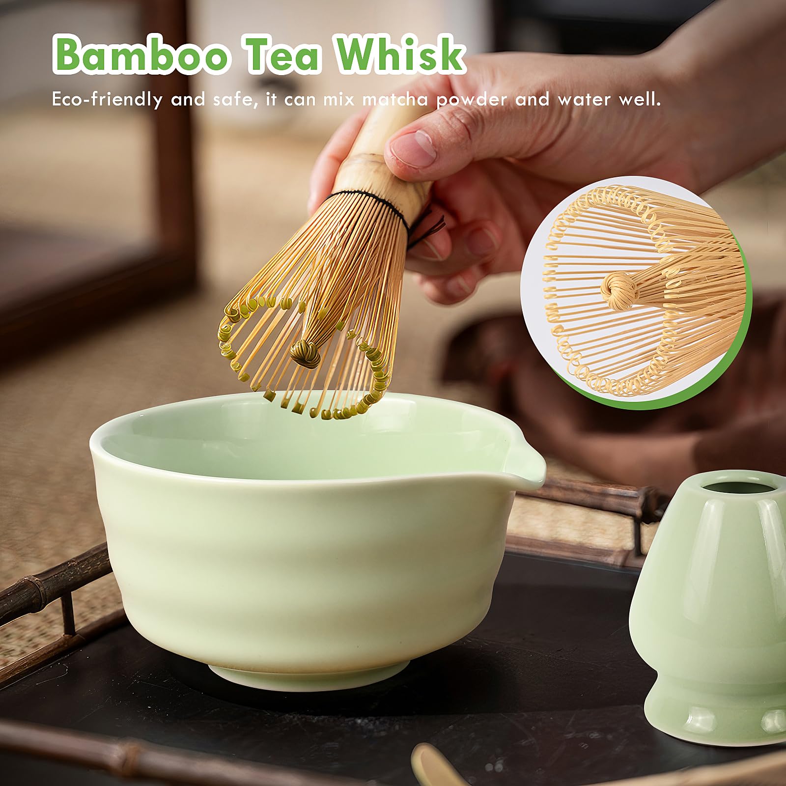Kit Matcha Complet - 5 Pièces : Bol Bec Verseur, Fouet Bambou, Cuillère, Tamis, Support - Pour Cérémonie Du Thé Matcha à La Maison
