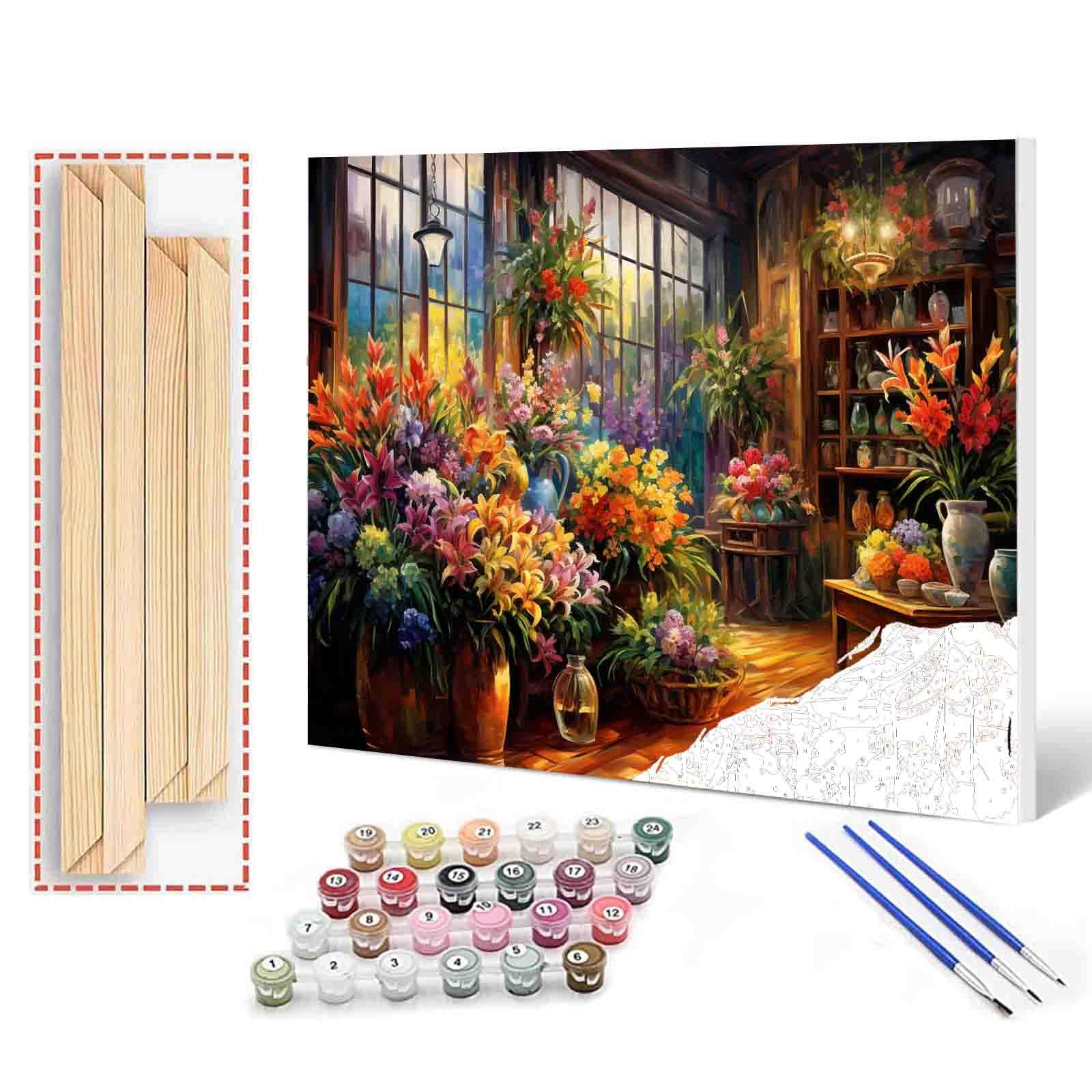 Tucocoo Flower Shop Paint by Numbers Kits with Brushes and Acrylic Pigment on Canvas Painting for Adults, Colorful Floral Retro Style Pictures for Home Wall Decor Gifts 16''x20'' (DIY Framed)