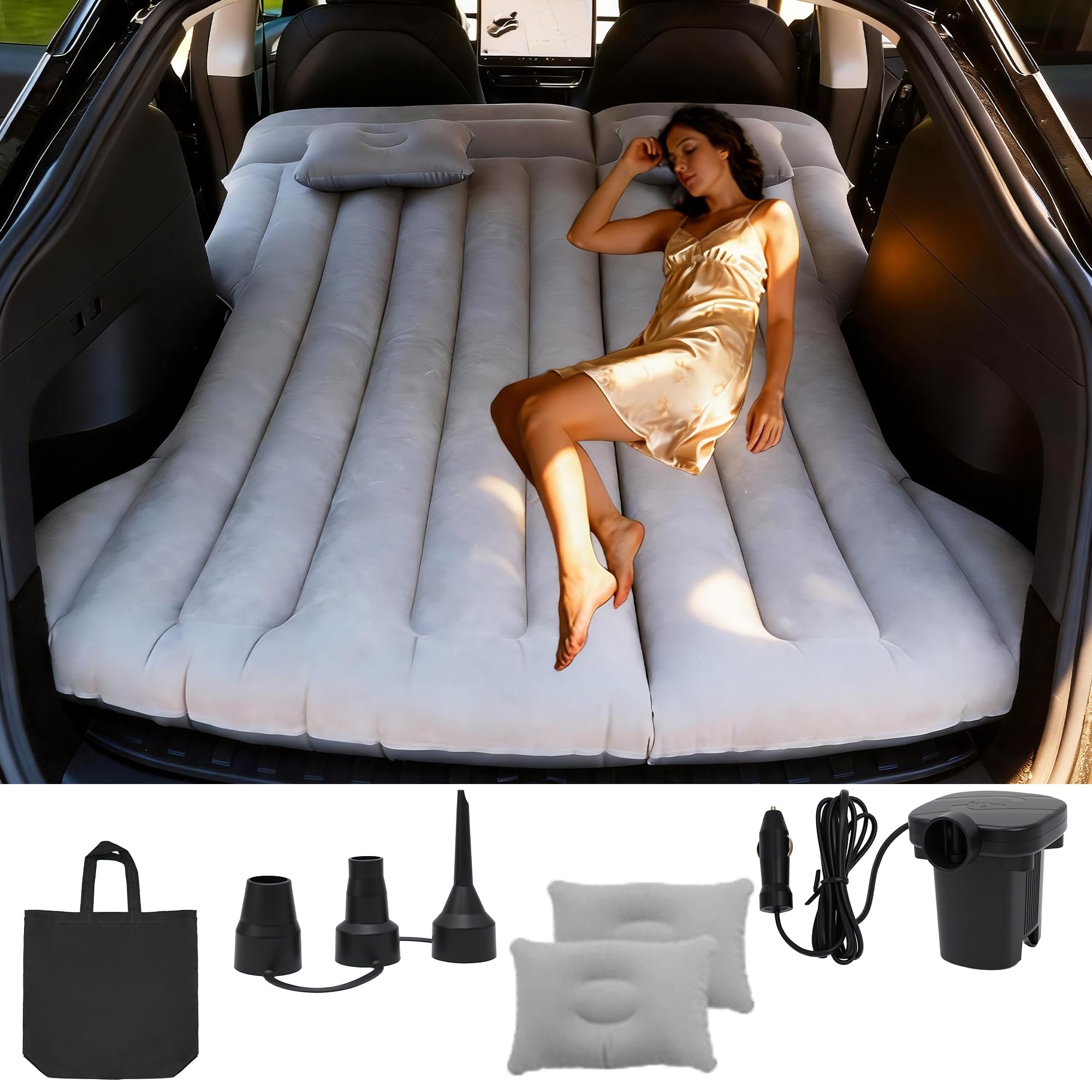Matelas Gonflable de Voiture, Matelas Voiture pour Tesla Model Y SUV, avec Oreiller et Pompe, Camping Lit Gonflable pour Picnic Voyage Camping Gris