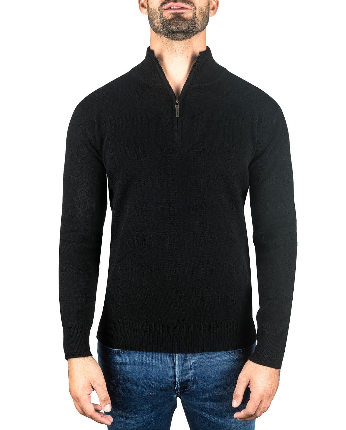 100% Kaschmir Herren Stehkragen Pullover | Sweater mit Reißverschluss 2-fädig
