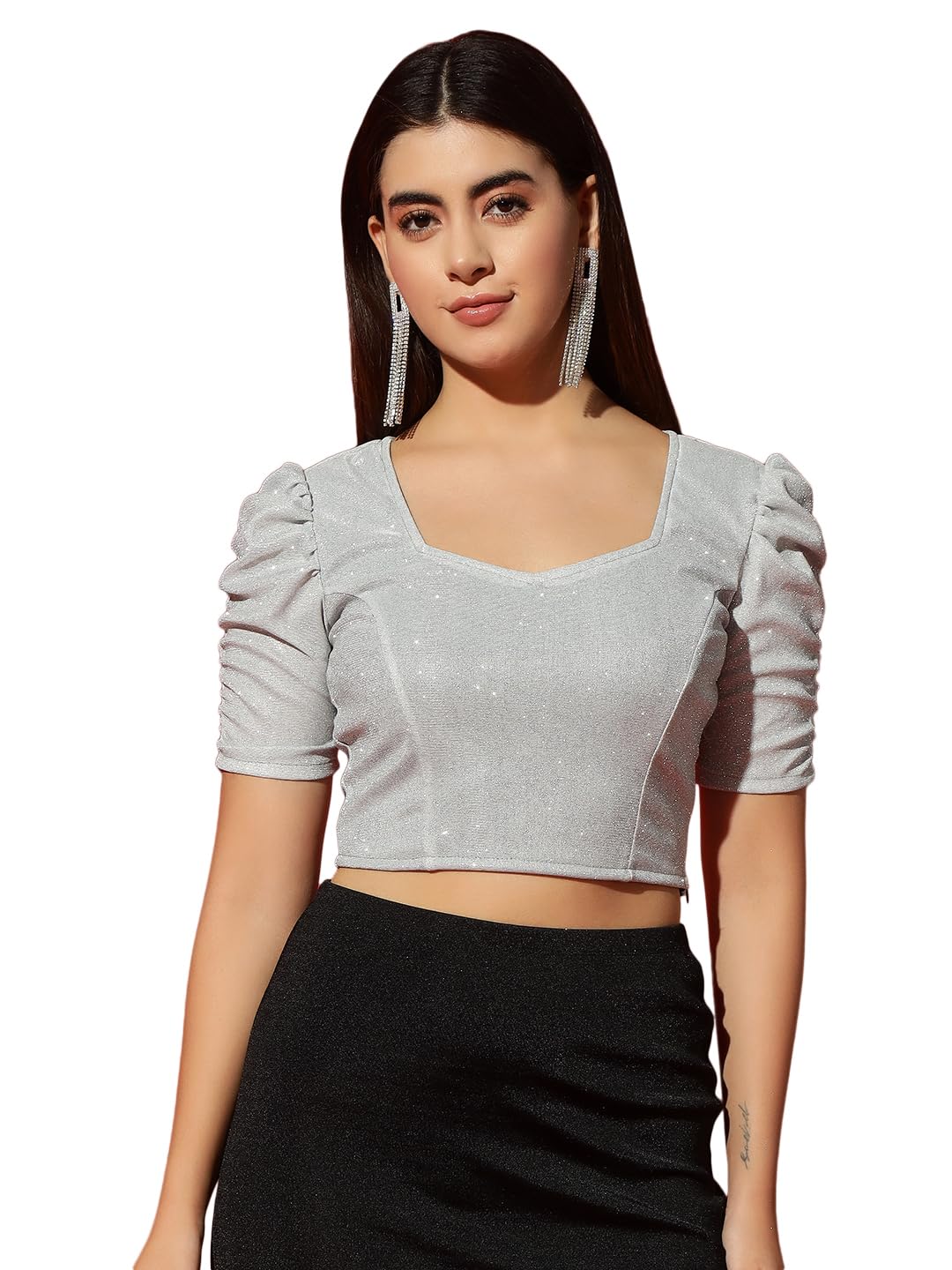 Glitter Lycra Readymade Blouse Tops for Women | Party Ruched Sleeves Outfit-image-44