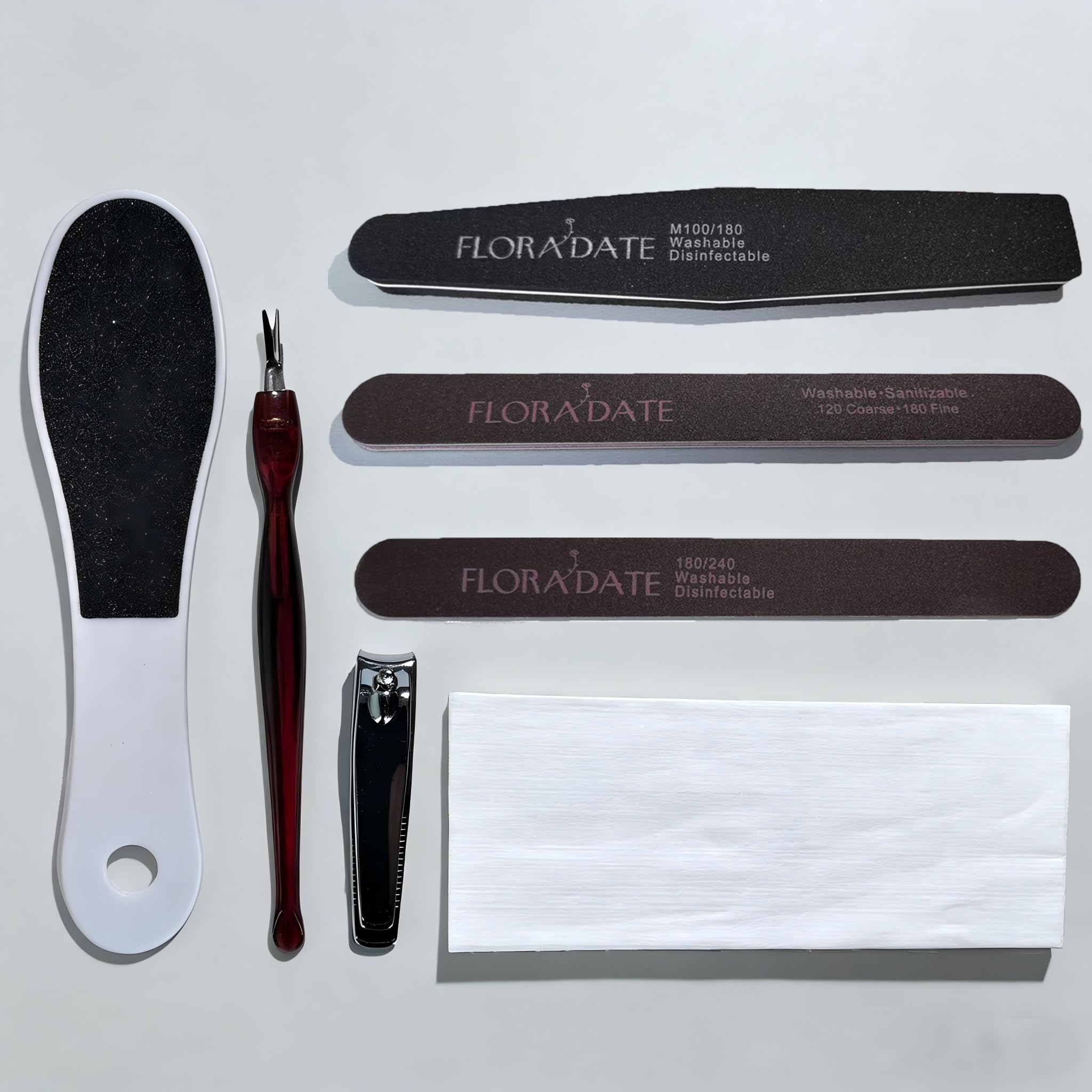 7-Piece Professional Nail Care Kit:Ceramic‑Coated Sponge Nail File, Thin & Wooden Nail Files, Foot File, Cuticle Pusher, Nail Clipper & Disposable Bath Towel for Home & Salon Nail Tools