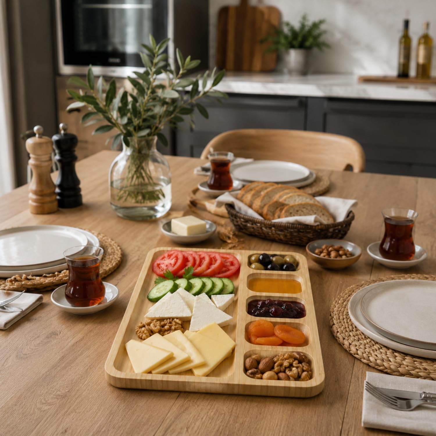 Bambu Kahvaltılık Sunum Tepsisi 6 Bölmeli Ahşap Servis Tabağı Doğal Bambu Kahvaltı ve Çerez Sunumluk 32.5x25.5x2CM