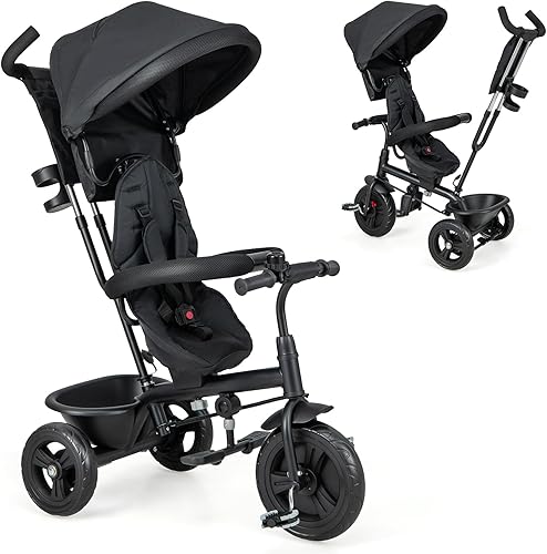 HONEY JOY Triciclo, cochecito triciclo para niños con asa de empuje ajustable y toldo, asiento reversible, cinturón de seguridad, pedal plegable,