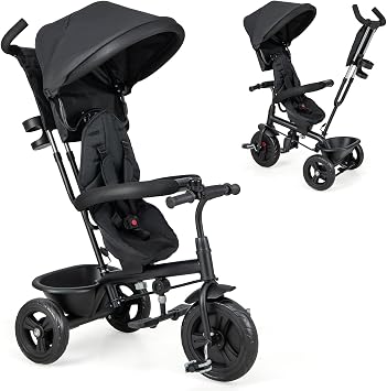 HONEY JOY Tricycle, Kids Trike Stroller w/Adjustable Push Handle & Canopy, Reversible Seat, Safety Belt, Folding Pedal, Cup Holder, Storage, Push Tricycle for Toddlers 9 Months-5 Years Black