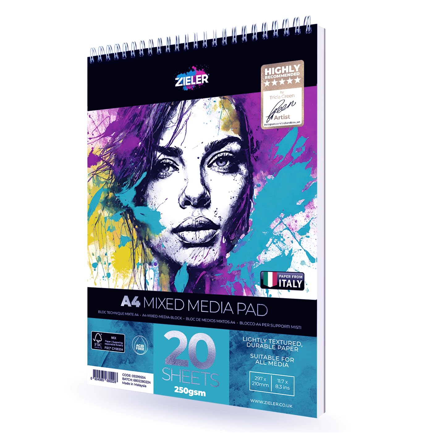 Artists Mixed Media Pad (Spiral Bound) | 250gsm - High White, Lightly Textured Paper | 20 Sheets | Ideal for Pencil, Ink, Charcoal, Pastel & Paints - by Zieler® (A4 (21 x 29.7cm))