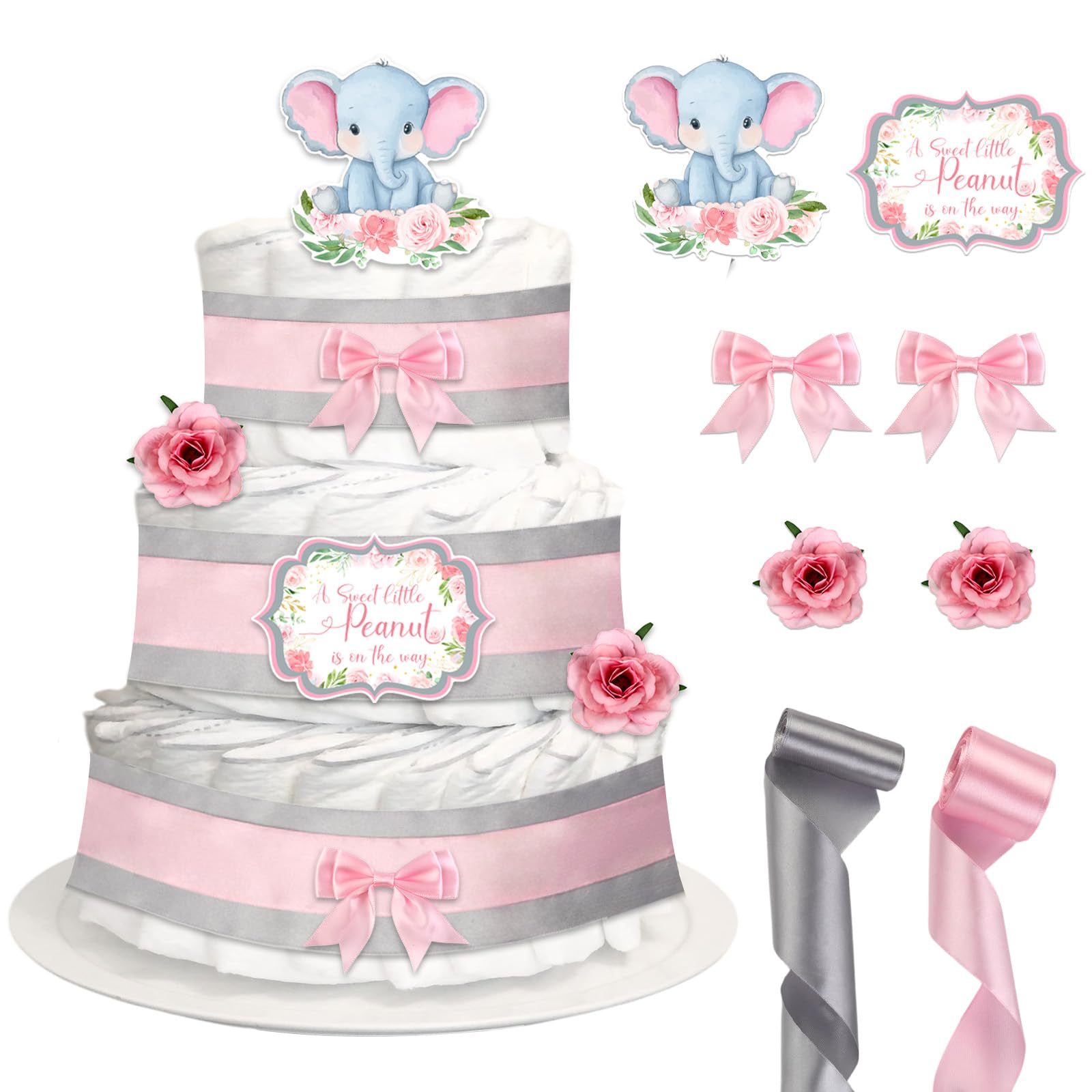 CORNER LACE Baby Shower Pink Elephant Diaper Cake Decorations, Newborn Baby Girl Birthday Party Diaper Cake Supplies Kit, Include Ribbon, Bow Tie,