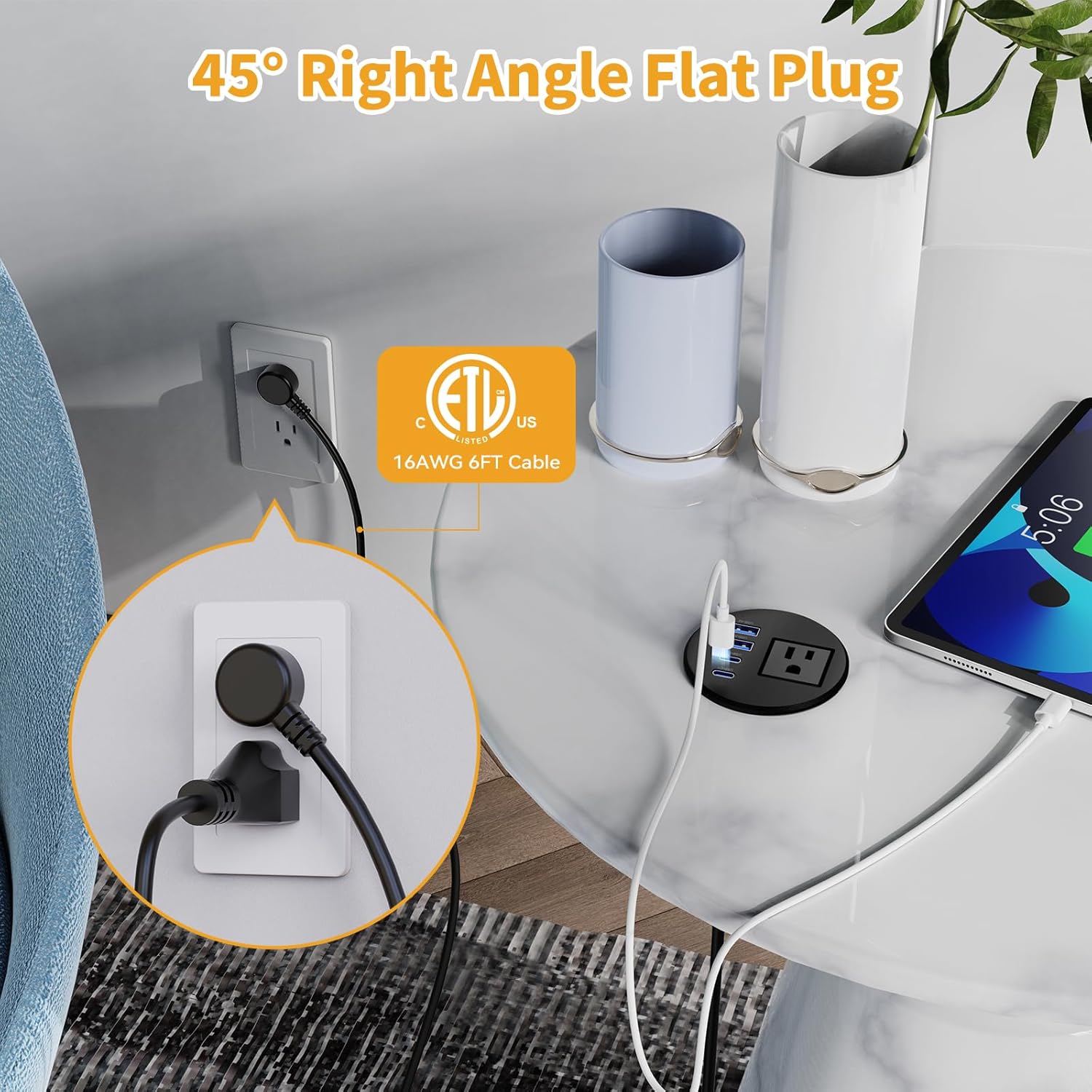 2.5-inch Desk Power Grommet, Recessed Power Grommet with 20W USB C, 1 Outlet, Flush Mount Power Outlet for Desktop Conference Room Furniture Table, Black