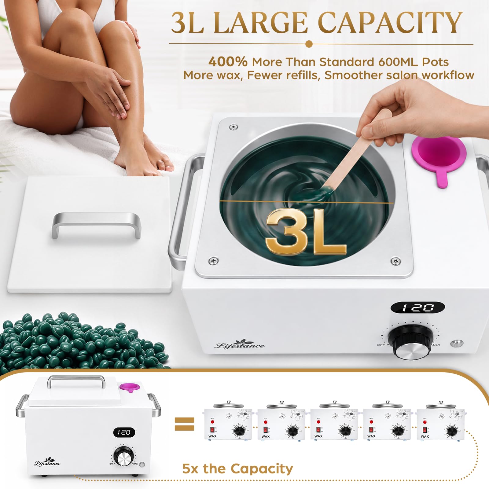 Calentador de cera portátil para depilación sin dolor: calentador de cera profesional con temperatura ajustable, ideal para cara, cuerpo y salón de belleza para mujeres y hombres (blanco)