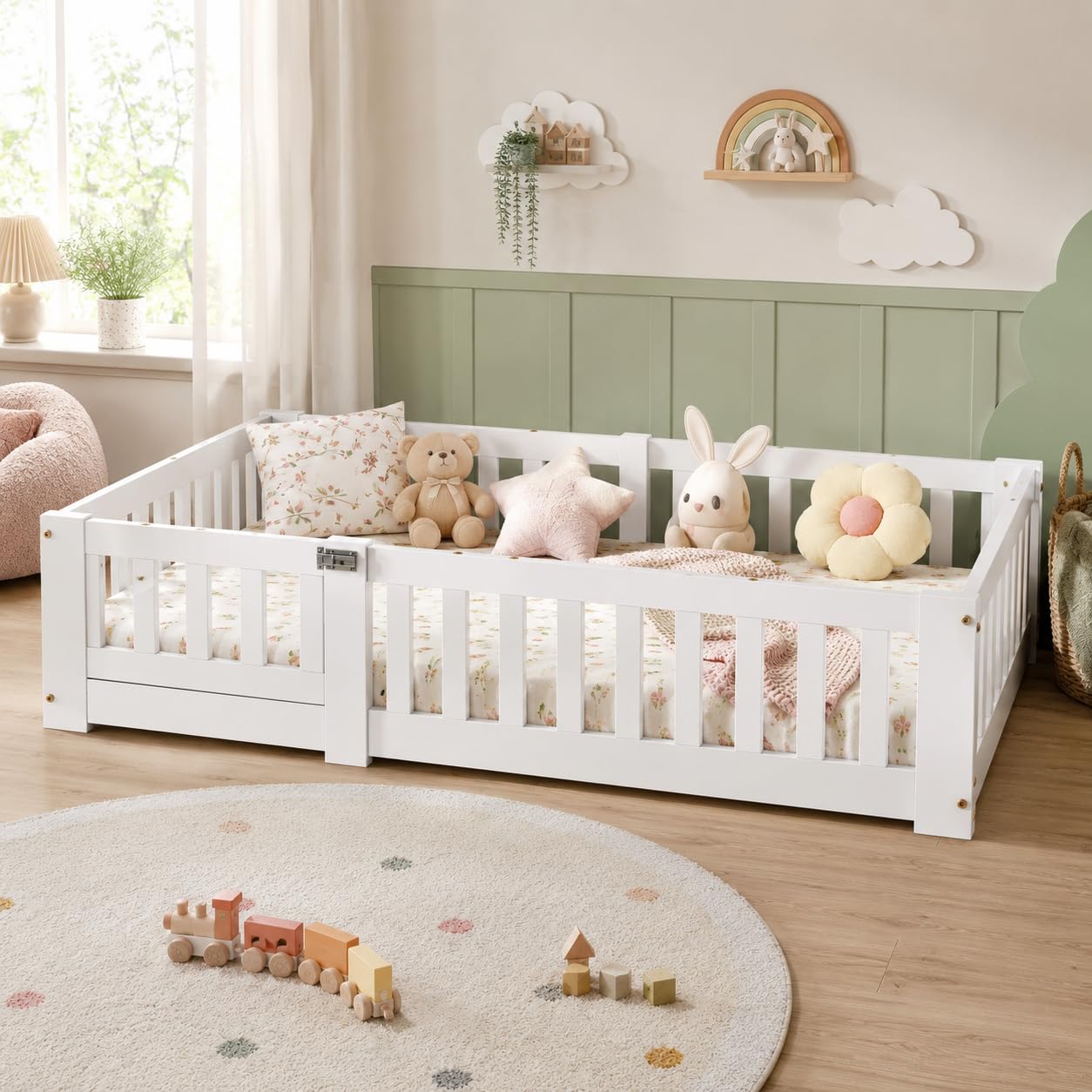 Kids Floor Bed 90x190cm with Safety Guardrails, 3FT Single White Wooden Montessori Toddler Bed Frame with Lockable Door, Children’s Bed with Wooden Slatted Frame for Boys Girls Bedroom Nursery