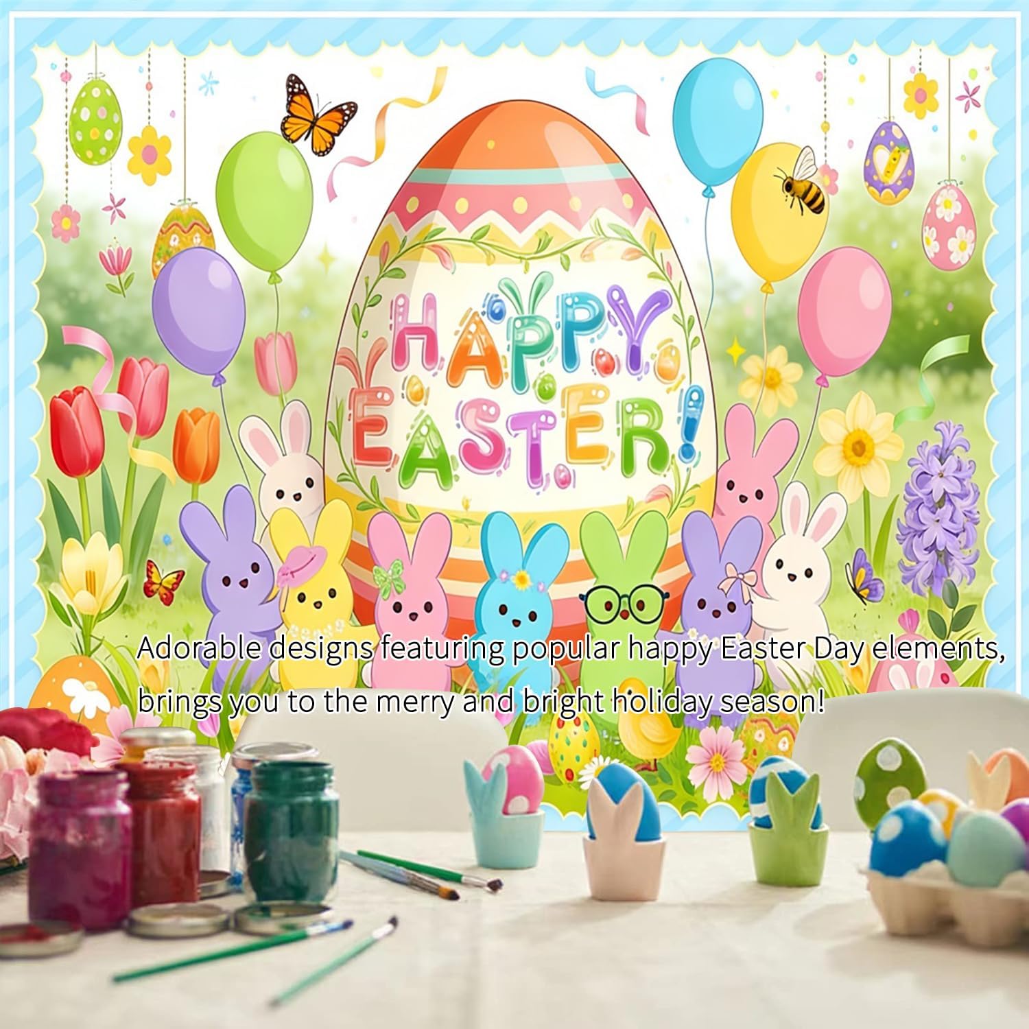 Happy Easter Backdrop 12x8ft Colorful Bunny Balloon Easter Egg Photography Background Playful Spring Photo Backdrop for Photoshoot Children Kids Spring Birthday Baby Shower Party Decorations
