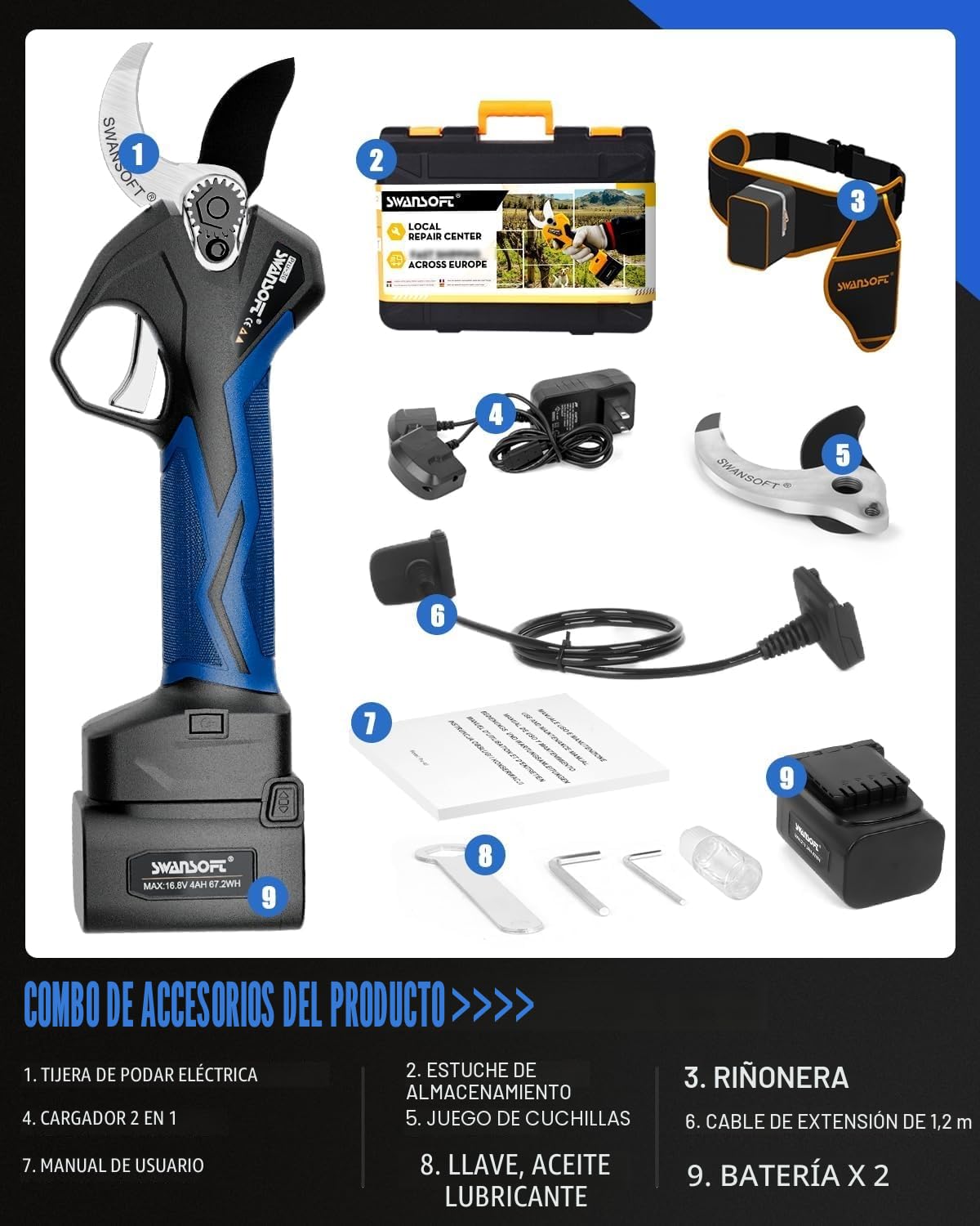 [Silencioso y Duradero] SWANSOFT PRU36 Tijeras de Podar Electricas, Profesional 36mm 16,8V 900W 4Ah+2Ah Tesouras de Poda Podadora Electrica Bateria | Tijeras Podar Bateria Corte Progresivo Viñas
