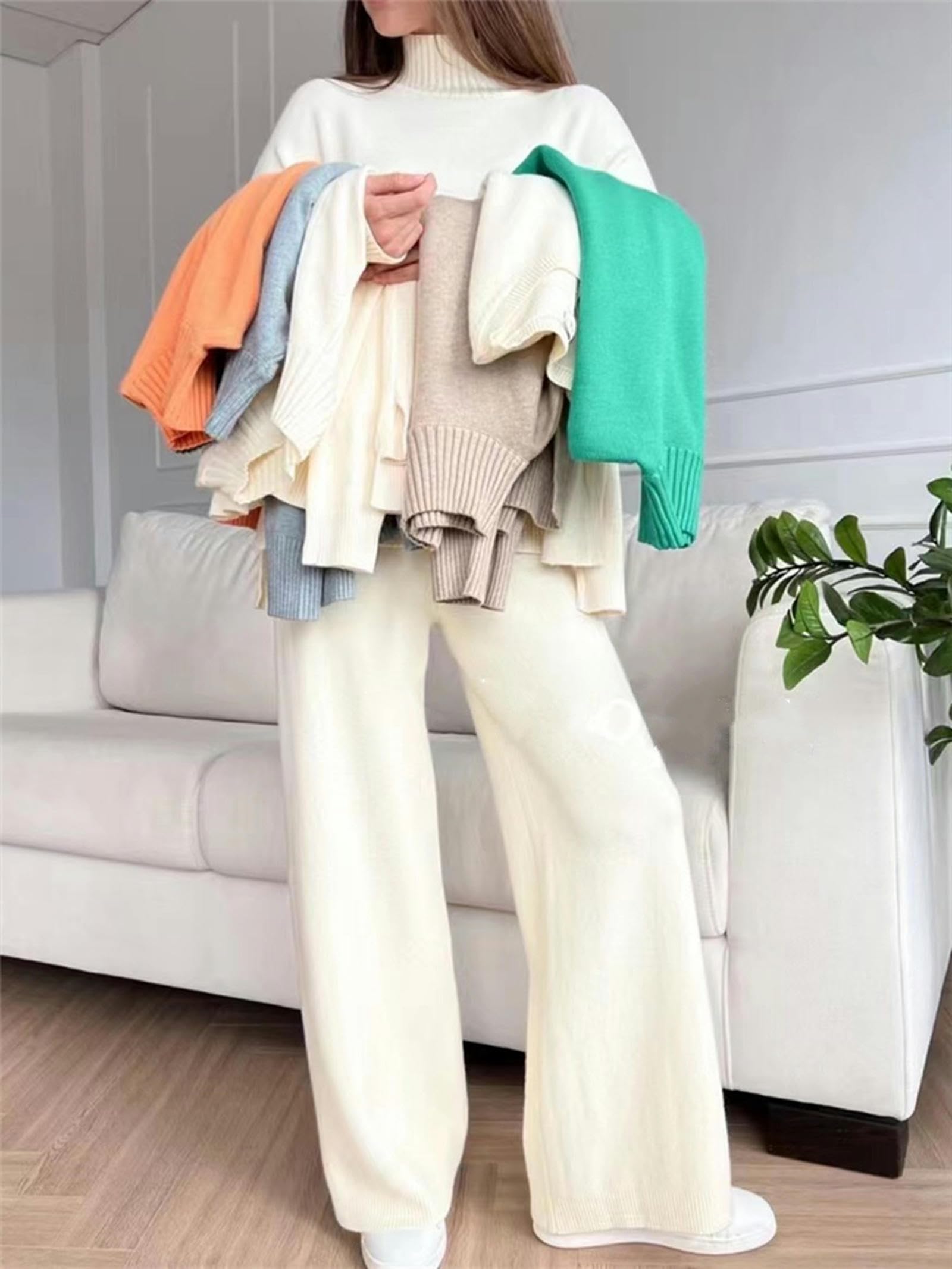 Set da 2 Pantaloni da Jogging a Gamba Dritta con Collo Alto e Tuta in Maglia da Donna-NUOVOblu-Taglia Unica