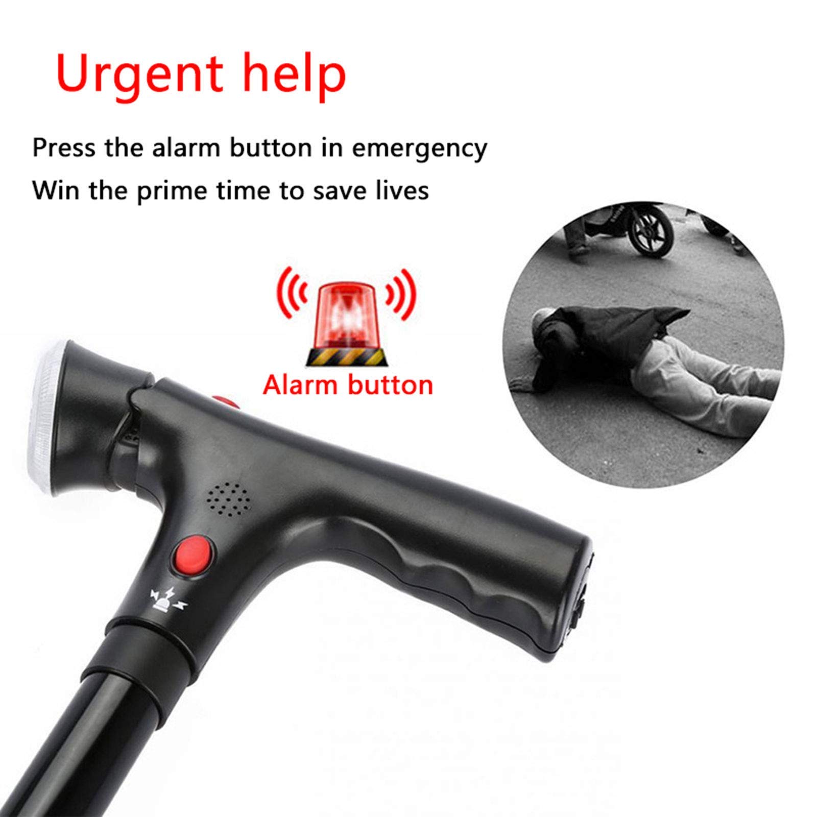 Bastón Plegable con luz LED y Alarma, Base cuádruple pivotante, ajustes de Altura (33.9''-38.2'') Bastón para Personas Mayores y Personas con Artritis Star of Light