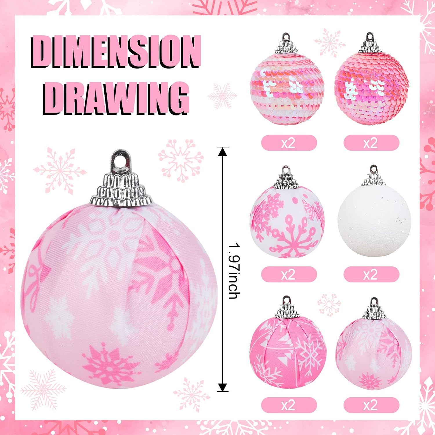 12Pcs Winter Snowflake Ball Ornaments, Pink Glitter Sequin Hanging Ornaments for Winter Theme Birthday Baby Shower Christmas Holiday Snow Party Decorations Supplies
