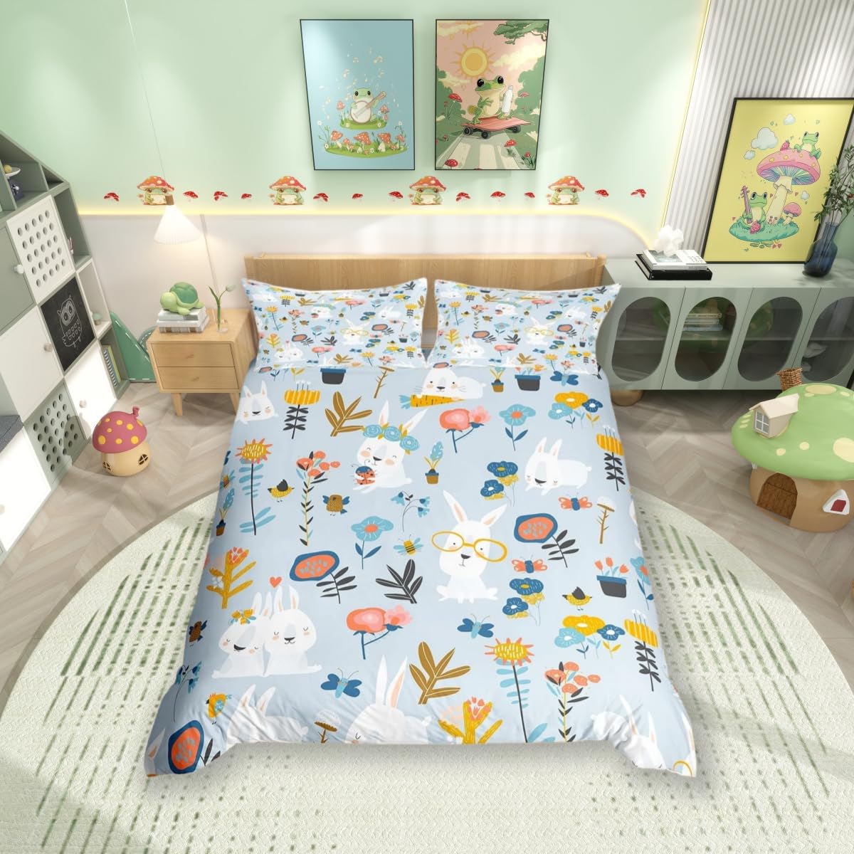 Housse de couette enfants lapin lit décoratif parure de lit 1 personne avec taie d'oreiller