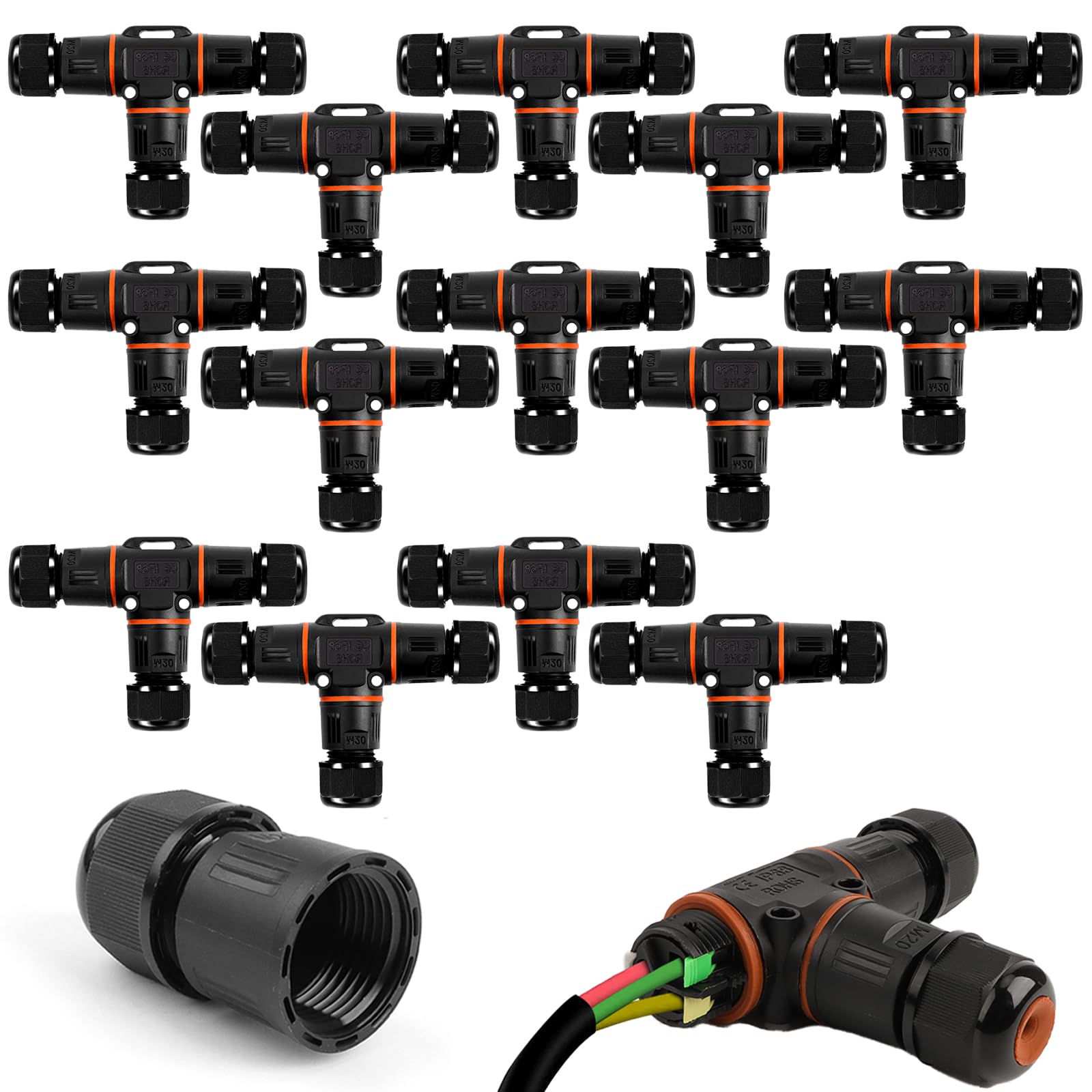 AOBOPLE Confezione da 14 connettori impermeabili IP68 a forma di T per cavi esterni, protezione per cavi impermeabili a 3 pin, per diametro Ø3-12 mm, uso per cartelloni pubblicitari esterni, luci