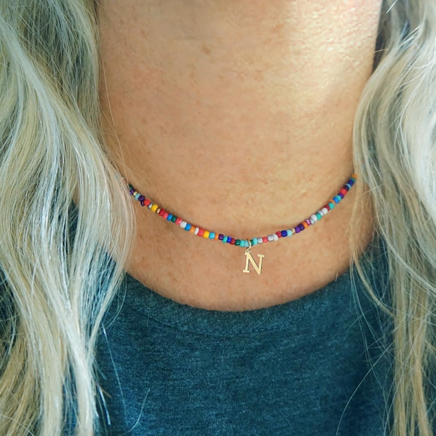 Colorful Beaded Initial Necklaces for Women, 18K Gold Plated Letter Necklace Choker Bohemian Necklace Boho 3MM Beads Choker Dainty Necklace Personalized Gifts - Image 4