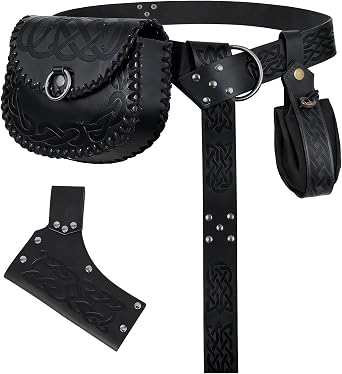 Renaissance Medieval Belt Pouch Set - 4PCS Viking Costume Accessories with Embossed Waist Bag for Halloween Cosplay