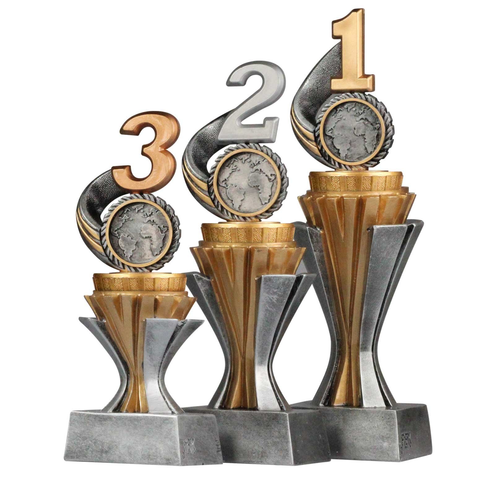 Pokalset Trophäen Zahl/Platz 1,2,3" mit Gravur 3 Stück Größe S, M und L
