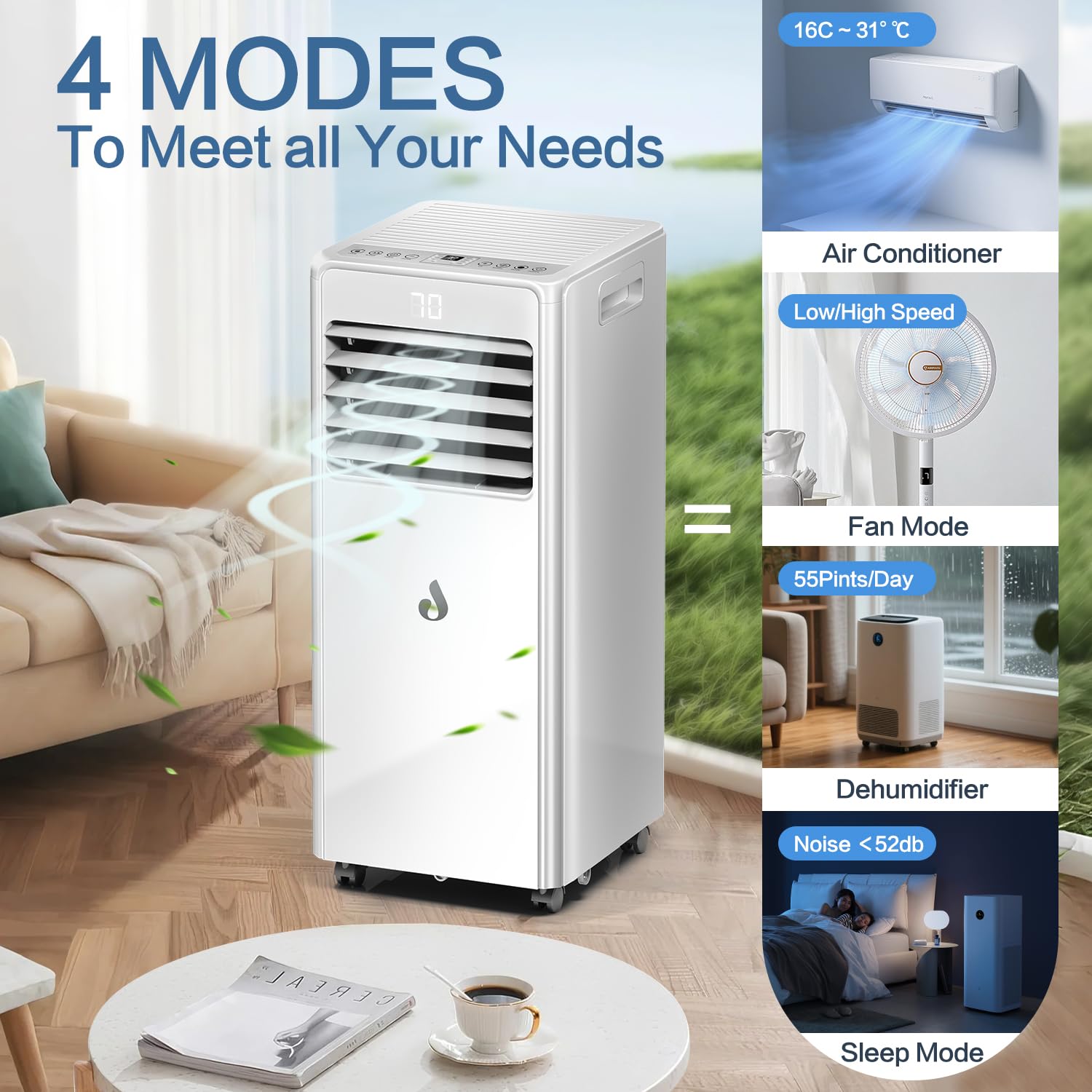 Aire acondicionado portátil de 10,000 BTU para habitaciones de hasta 450 pies cuadrados, unidad de aire acondicionado 4 en 1 con control remoto, unidad de CA inteligente con kit de instalación para el 3