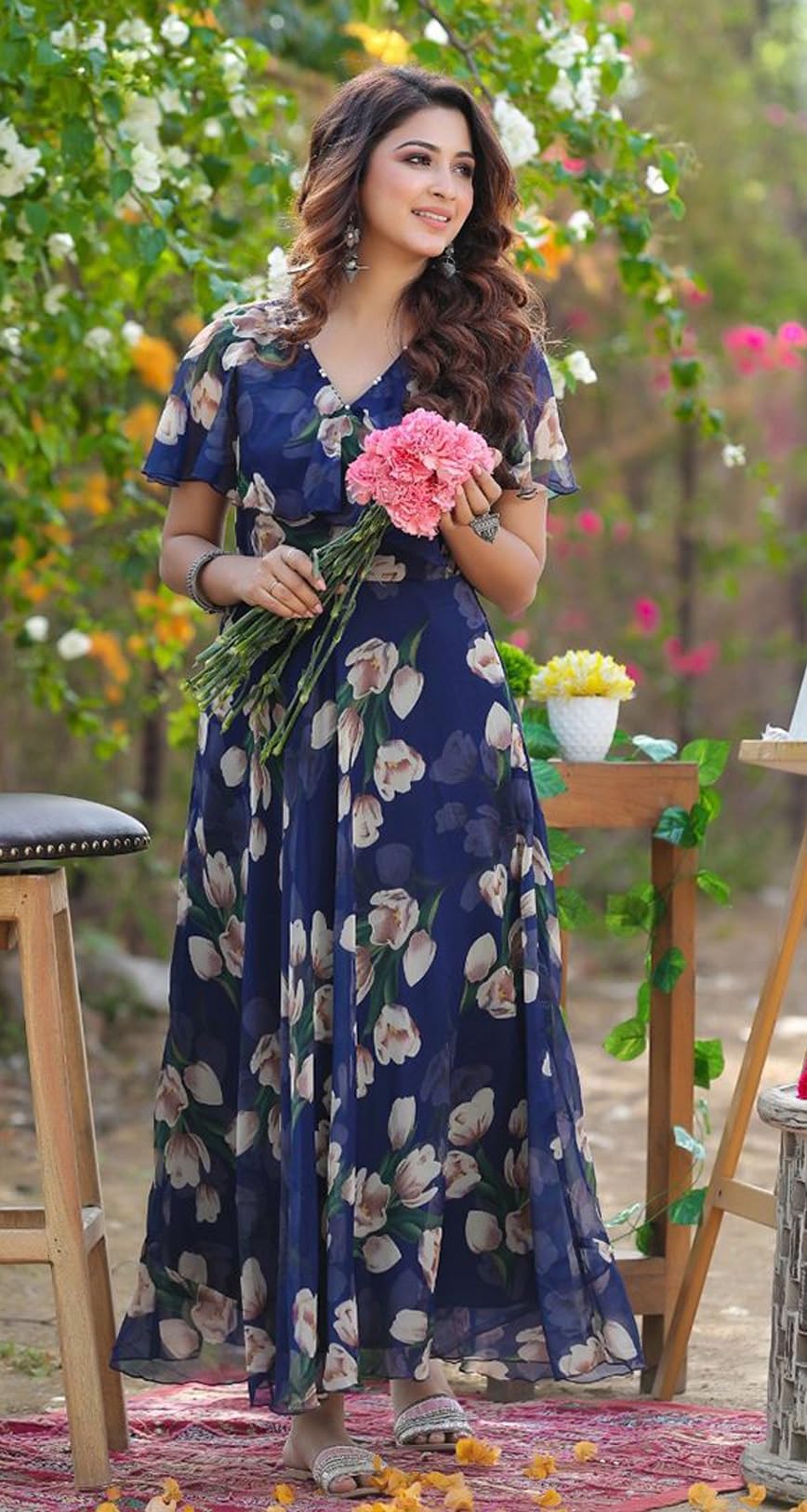 Sugathari Women's Georgette Digital Floral Printed Gown Dress For Women (Gown Dress2 35 N Blue Xxl)
