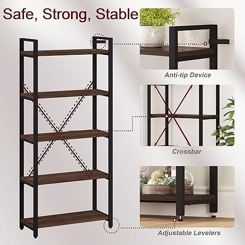 Vista 4 de FATORRI Estantería industrial de 5 niveles, estantería rústica Etagere para exhibición, estantería vintage de madera y metal, estantes altos
